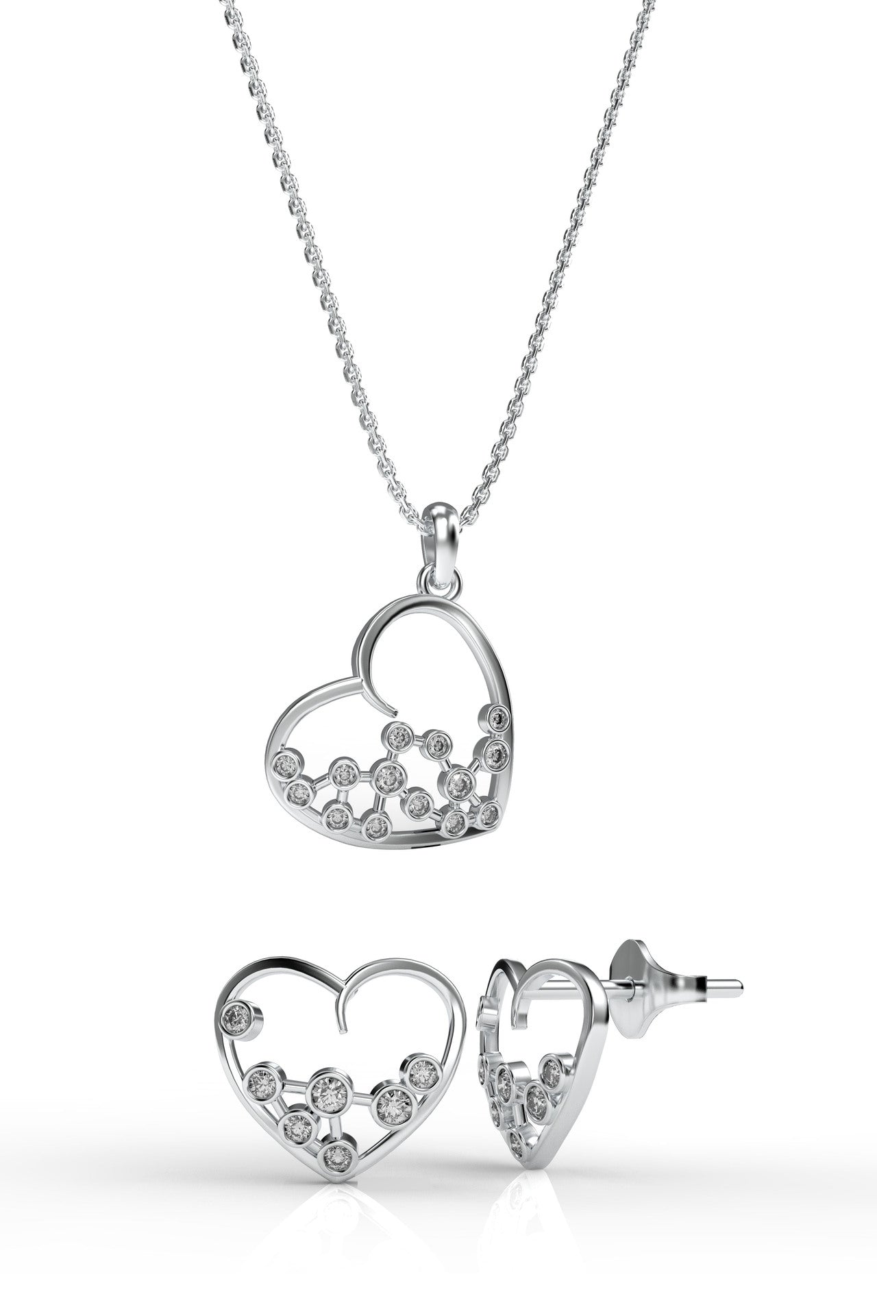 CZ Minimalist Star Heart Necklace & Earrings Set Rhodium Plated Silver