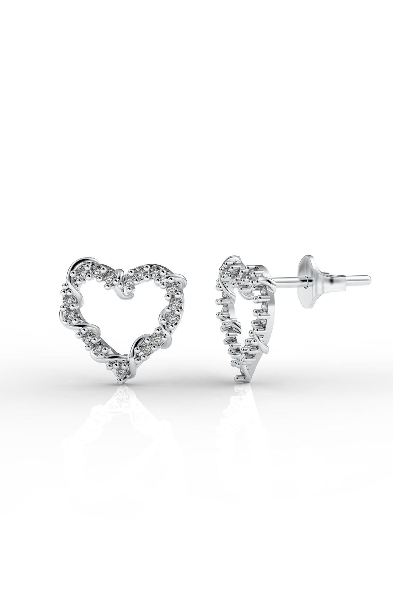 925 Sterling Silver Rhodium Plated Zircon Stone Vine Detailed Heart Stud Earrings