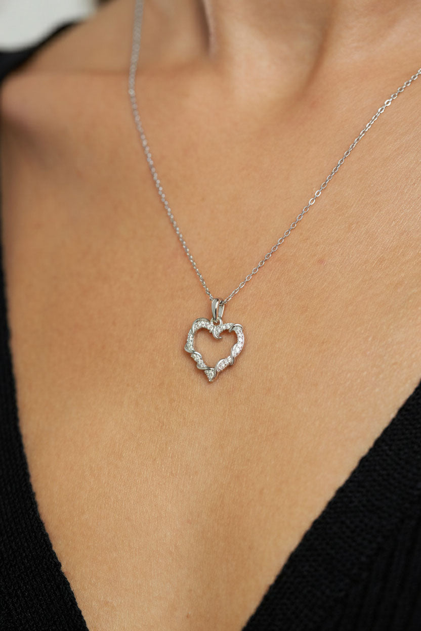 CZ Ivy Detailed Heart Necklace Rhodium Plated Silver