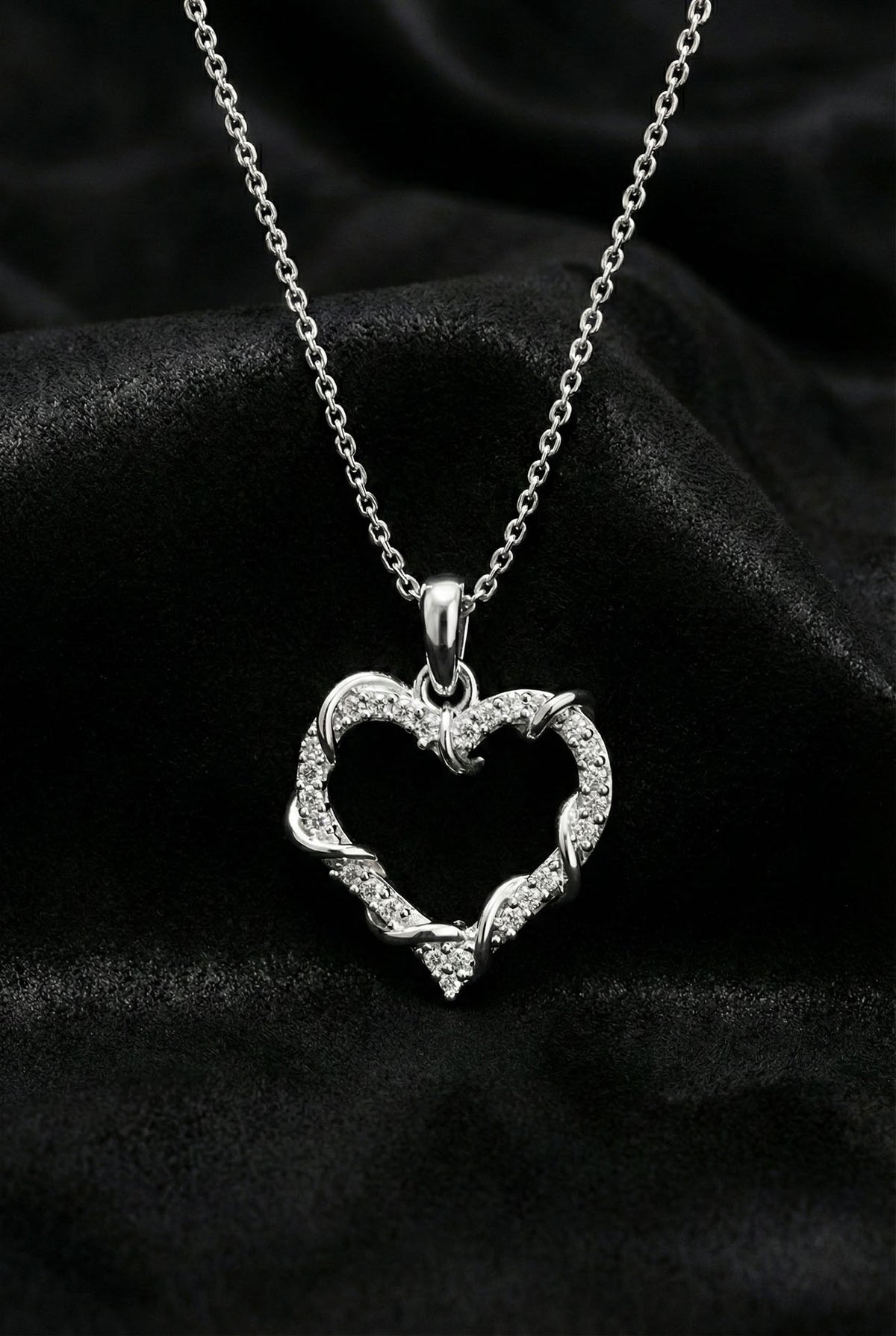 Zircon Ivy Detail Heart Necklace & Earrings Set in 925 sterling silver - view 2