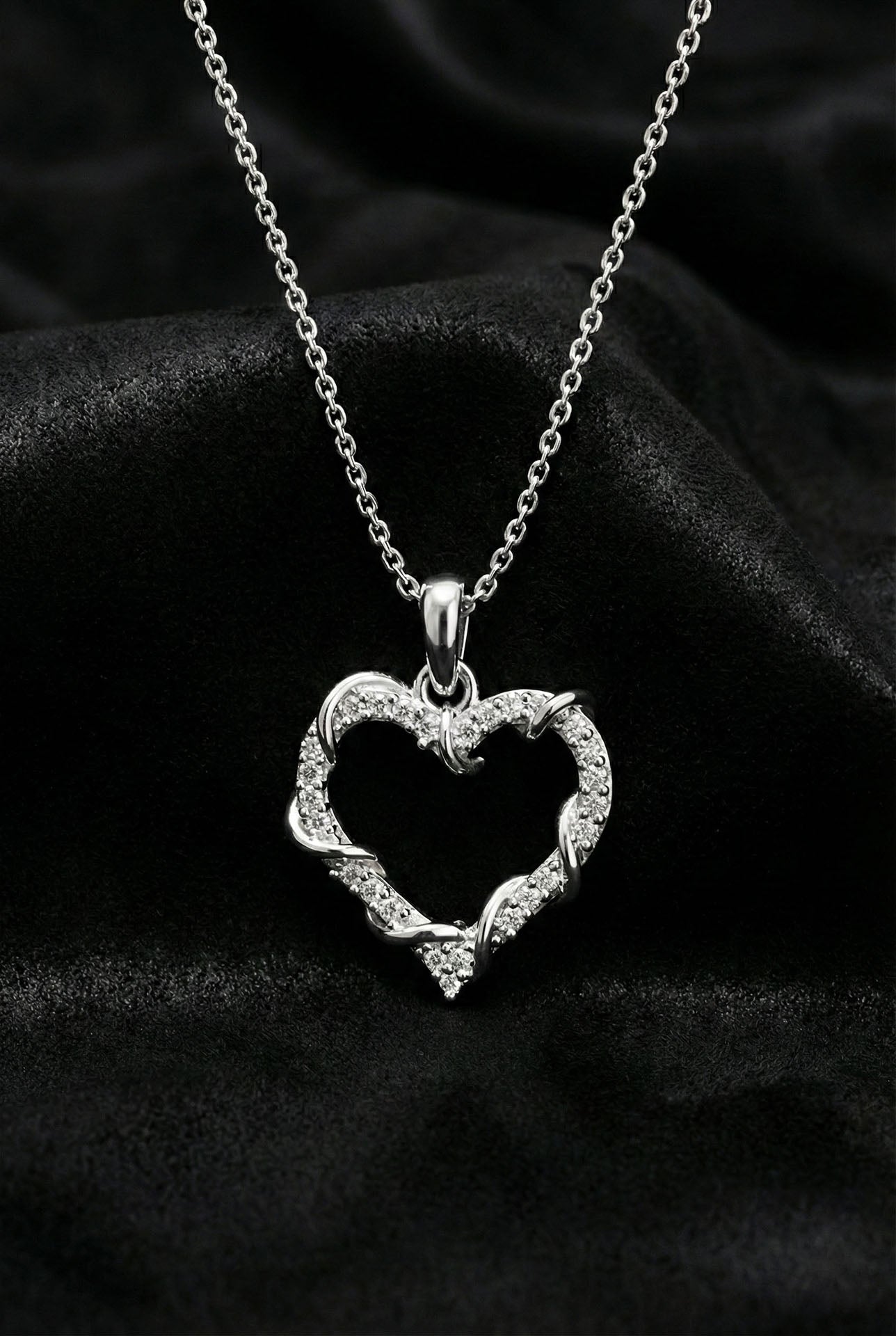 CZ Ivy Detailed Heart Necklace & Earrings Set Rhodium Plated Silver