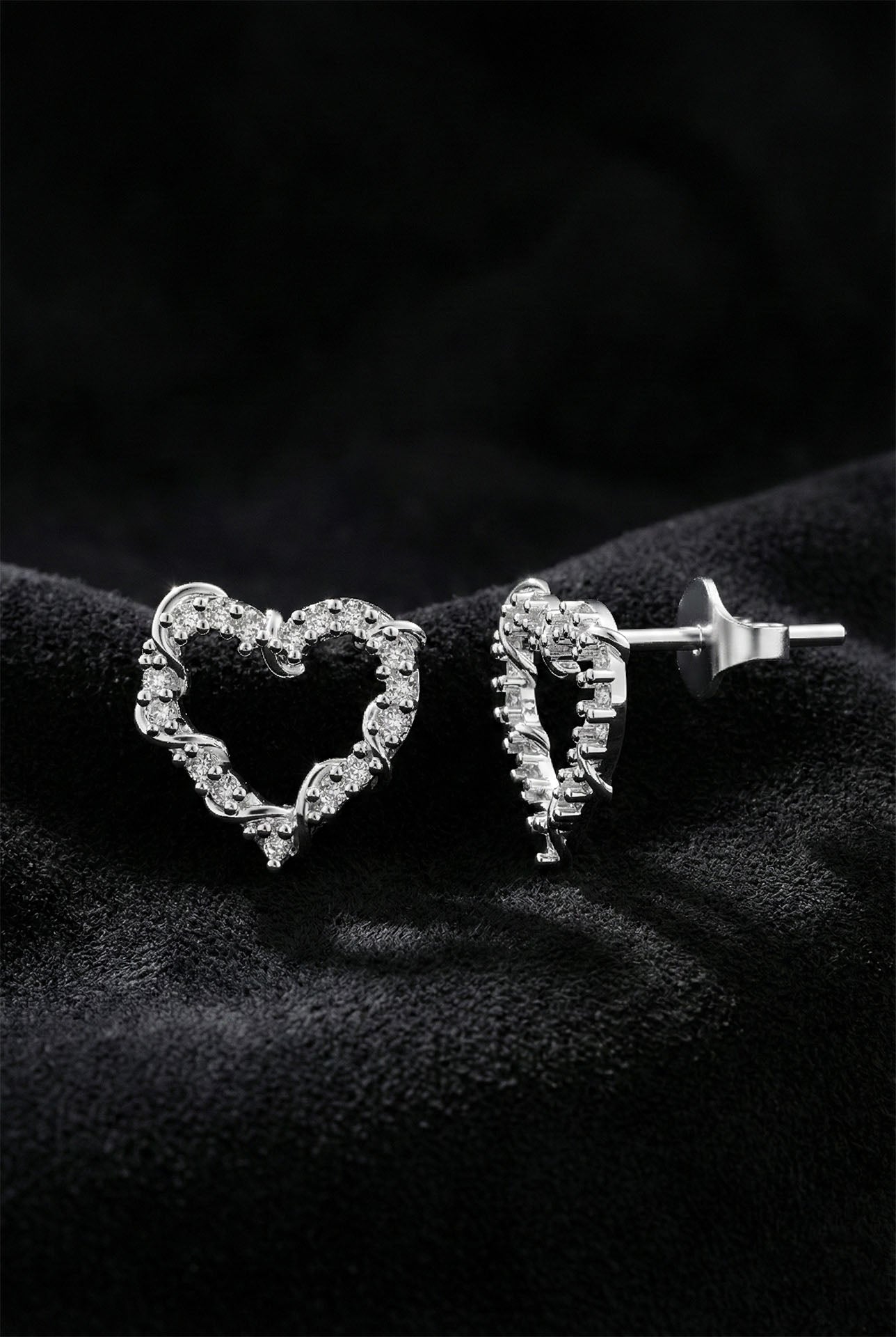 CZ Ivy Detailed Heart Necklace & Earrings Set Rhodium Plated Silver