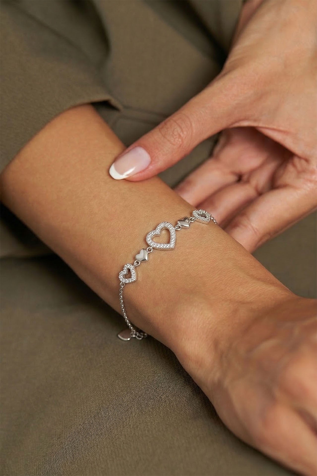 CZ Row Heart Bracelet Rhodium Plated Silver