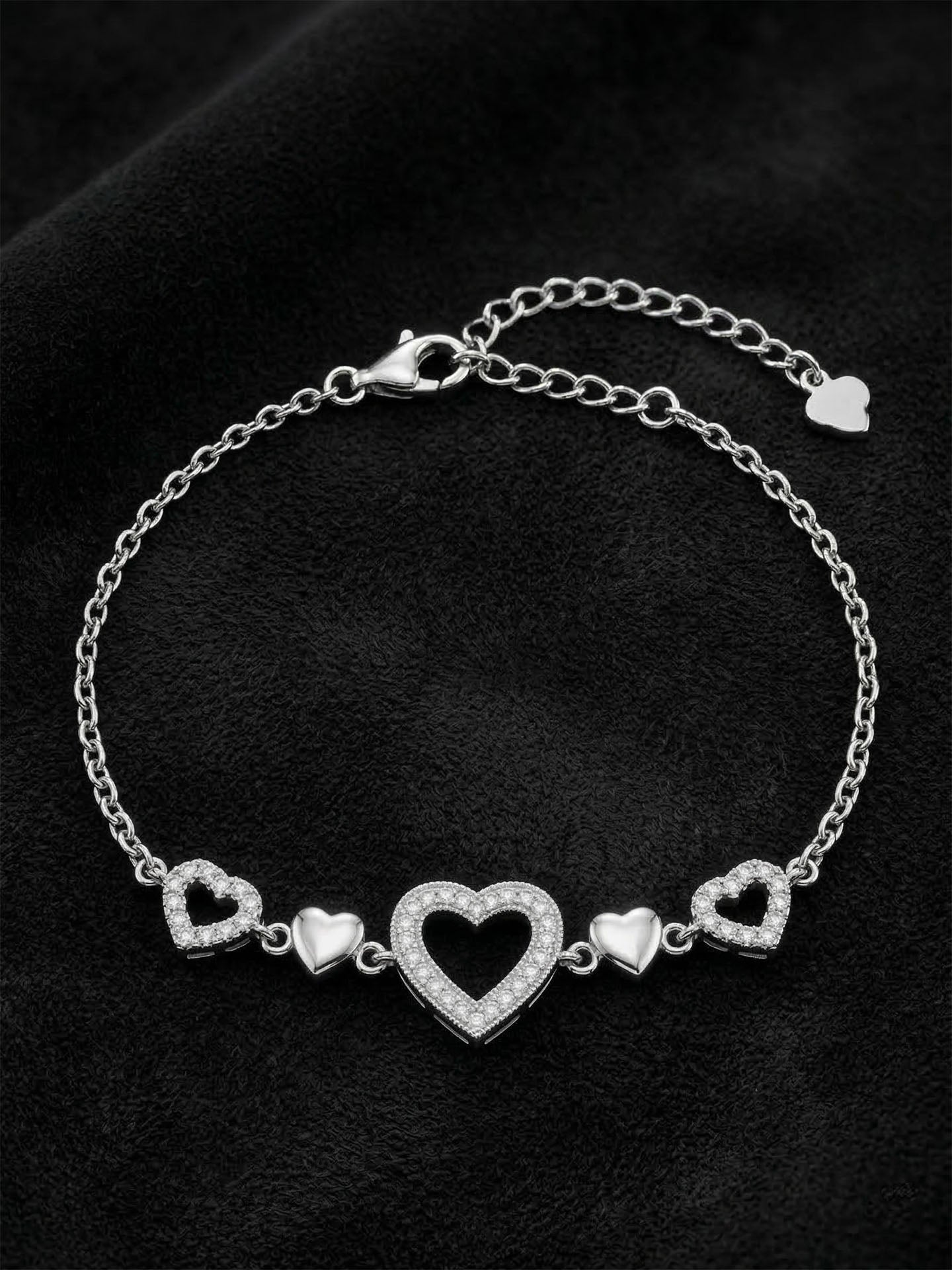 CZ Row Heart Bracelet Rhodium Plated Silver