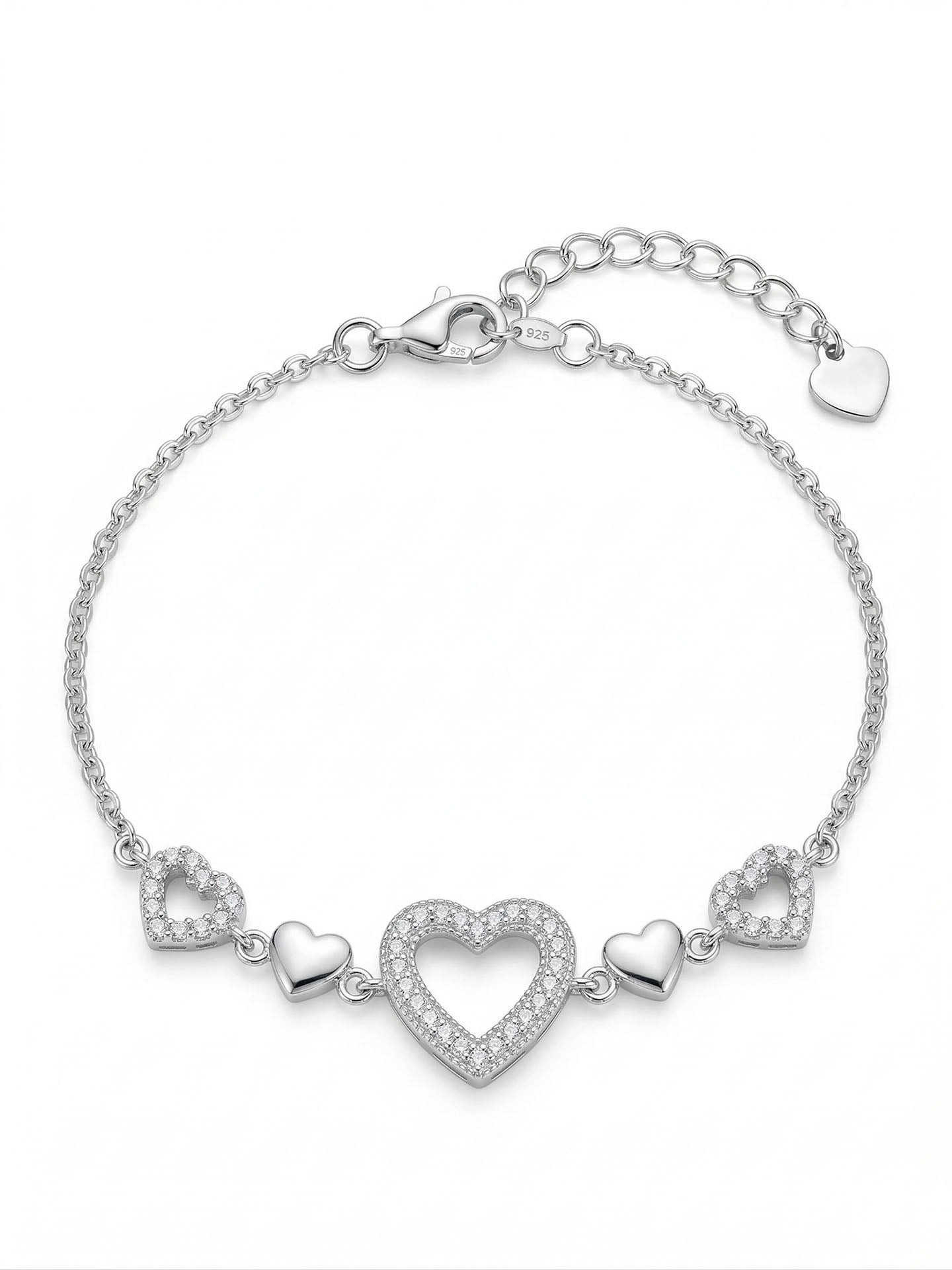 CZ Row Heart Bracelet Rhodium Plated Silver