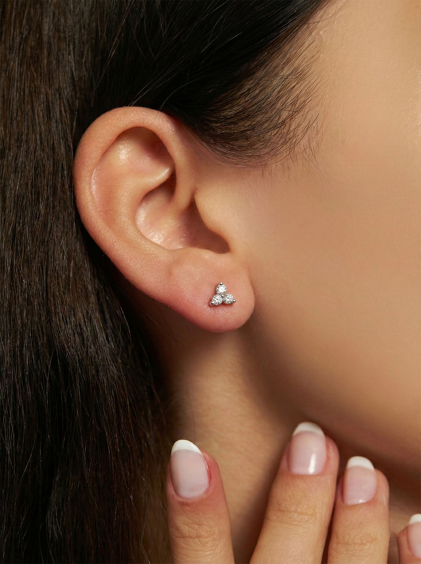 925 Sterling Silver Rhodium Plated Three-Stone Minimal Diamond Look Trio Stud Earrings