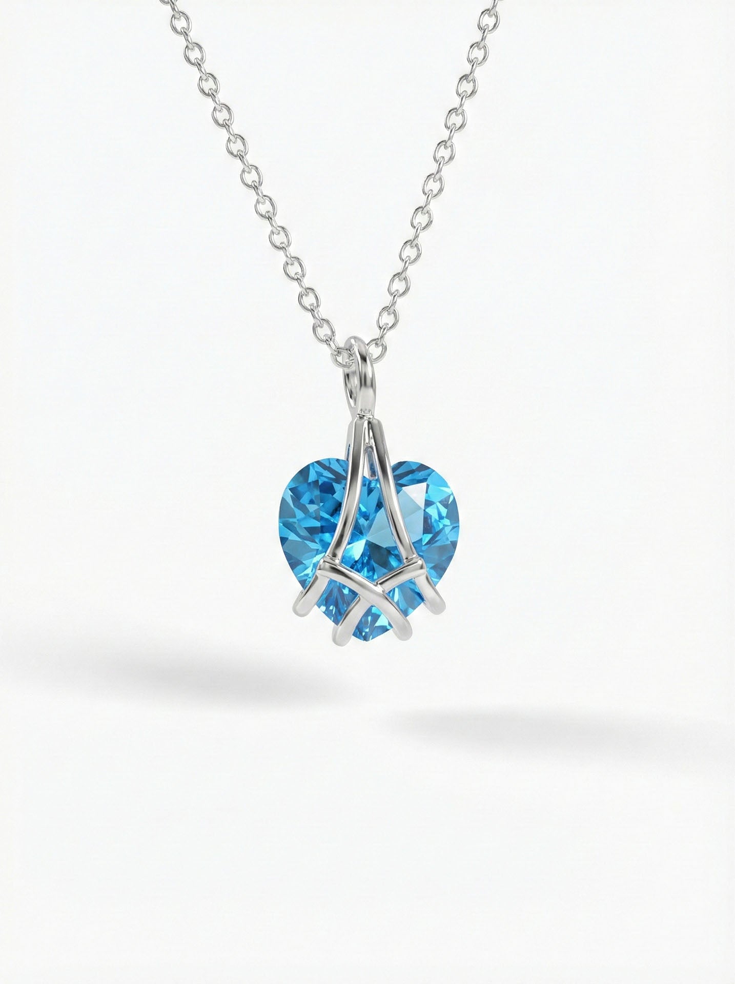Aquamarine Cage Heart Friendship Necklace Rhodium Plated Silver