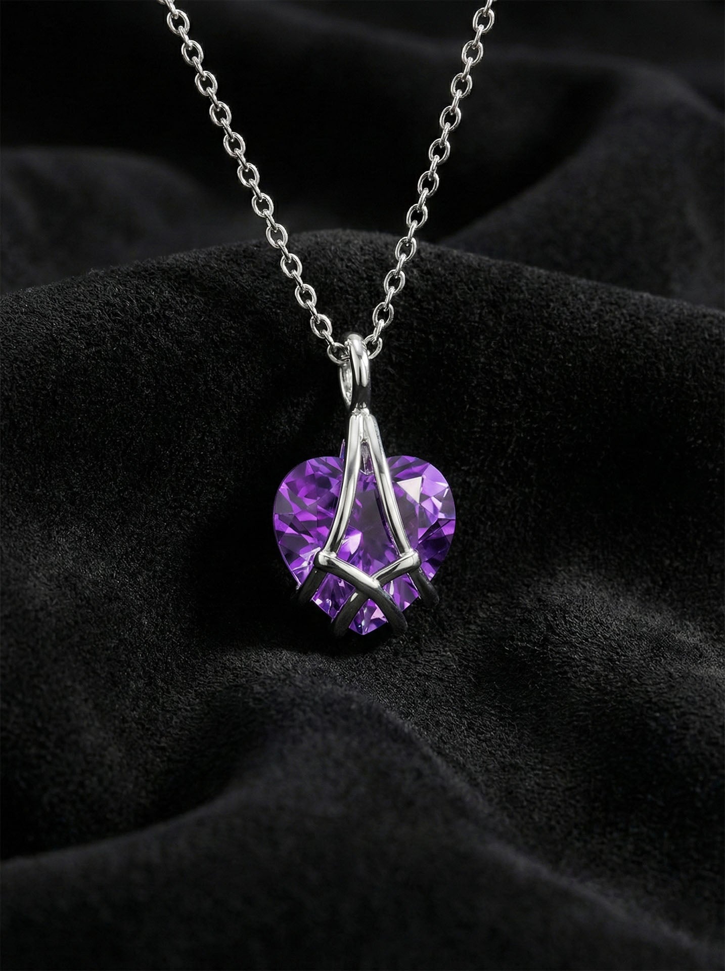 925 Sterling Silver Rhodium Plated Amethyst Cage Heart Friendship Necklace