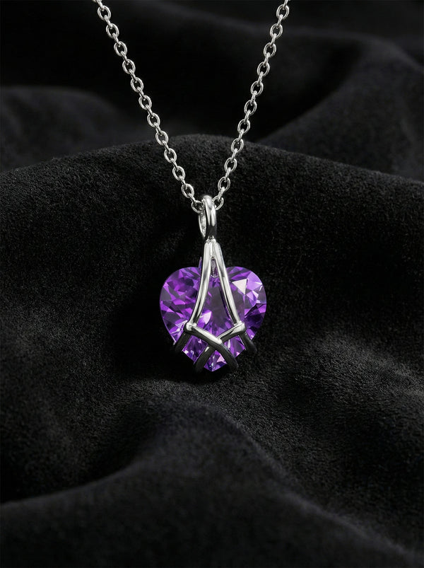 925 Sterling Silver Rhodium Plated Amethyst Cage Heart Friendship Necklace