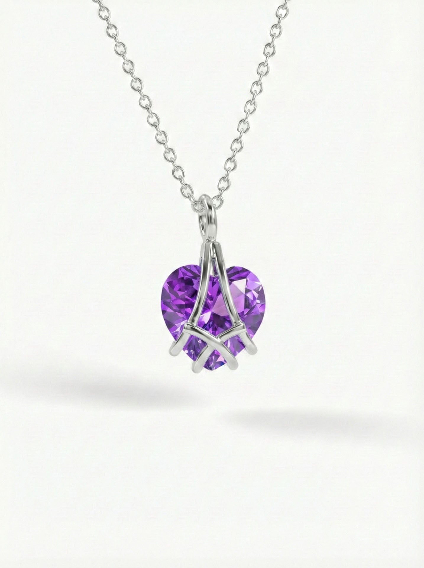 Amethyst Cage Heart Friendship Necklace Rhodium Plated Silver
