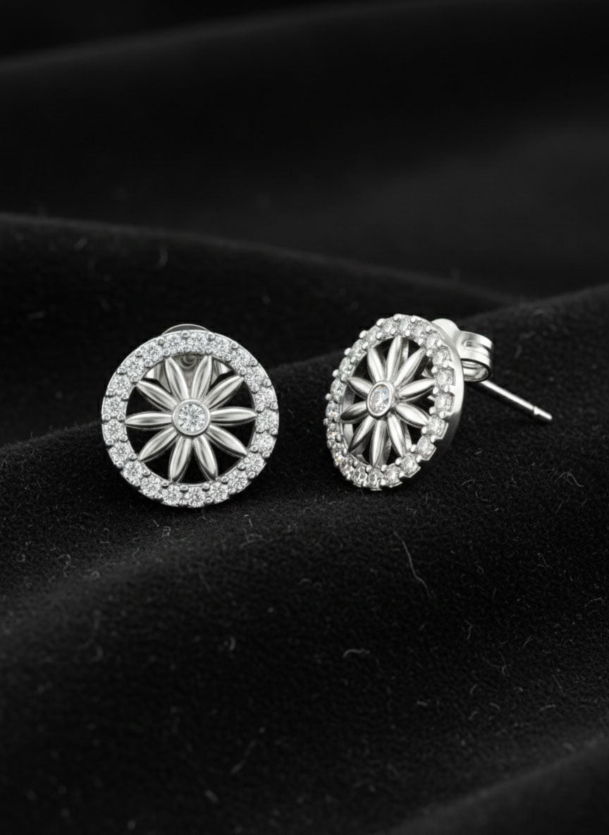 Rhodium Plated Halo Flower Stud Earrings in 925 sterling silver