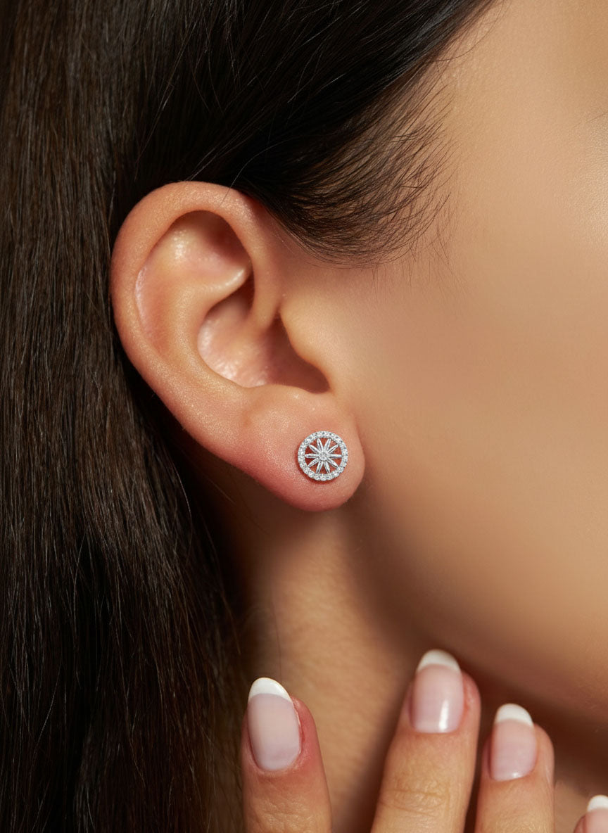 925 Sterling Silver Rhodium Plated Halo Framed Floral Detail Minimalist Earrings