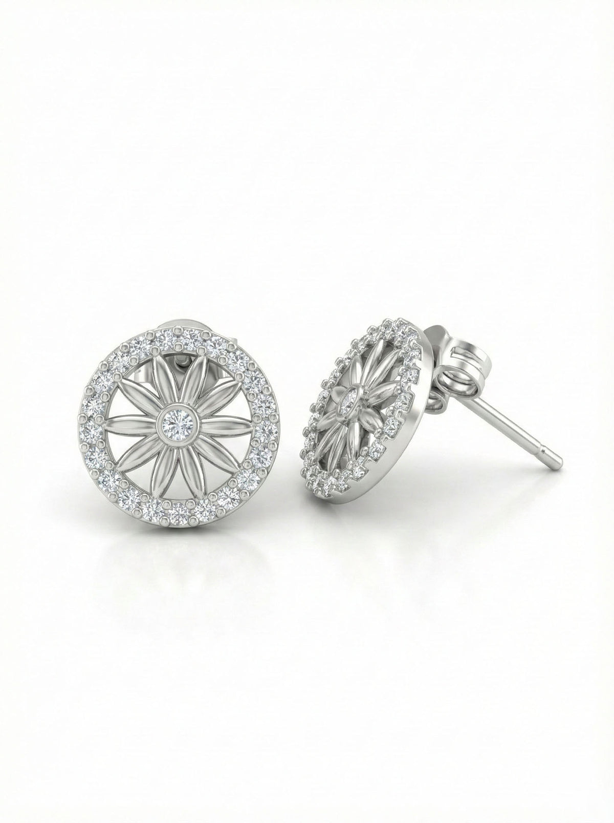 Rhodium Plated Halo Flower Stud Earrings in 925 sterling silver - view 3