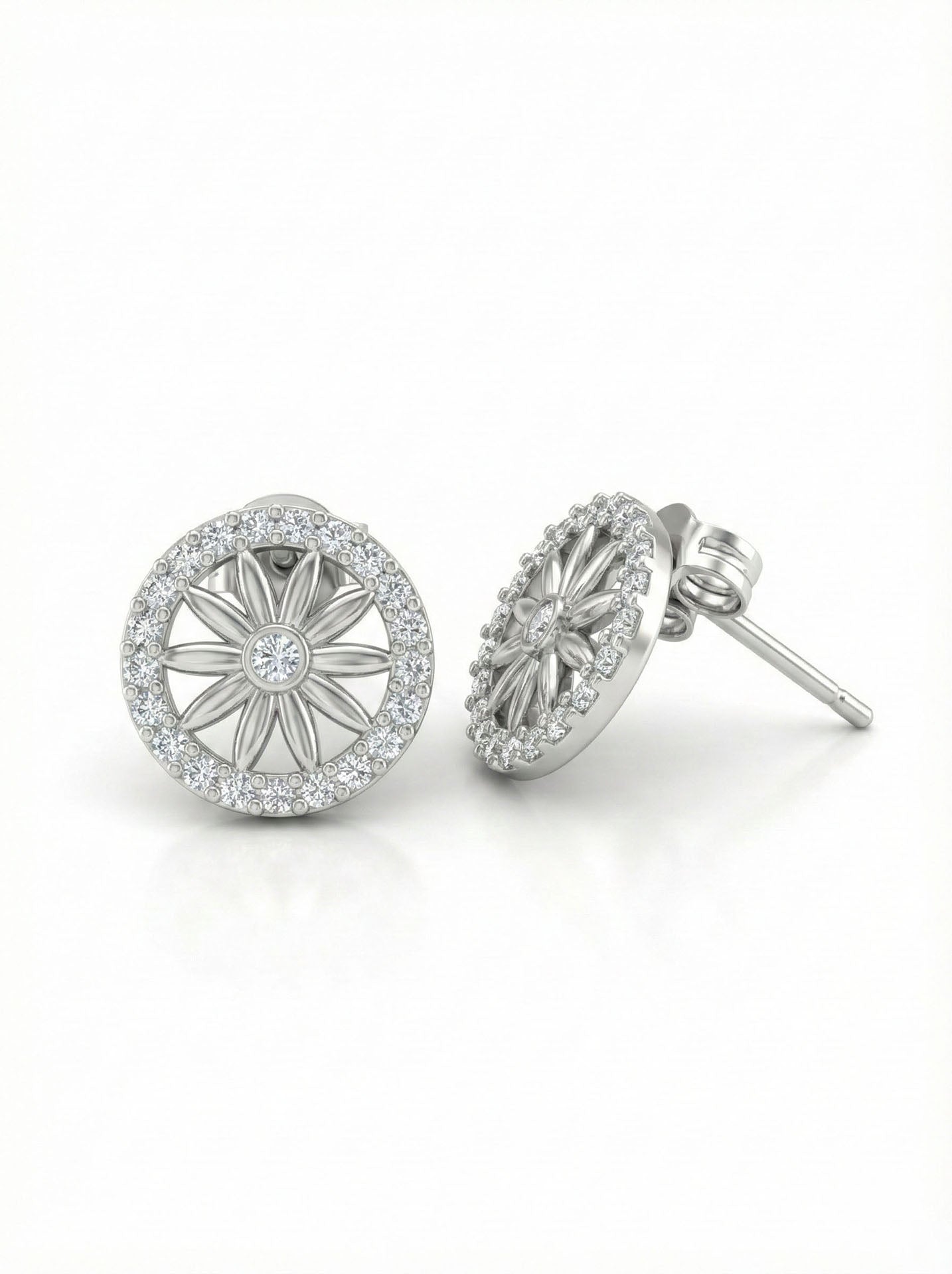 925 Sterling Silver Rhodium Plated Halo Framed Floral Detail Minimalist Earrings