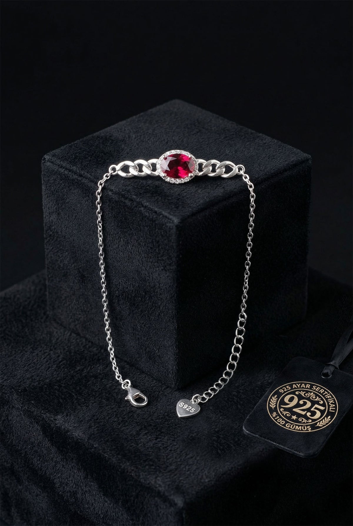 Garnet Zircon Curb Chain Detail Bracelet in 925 sterling silver