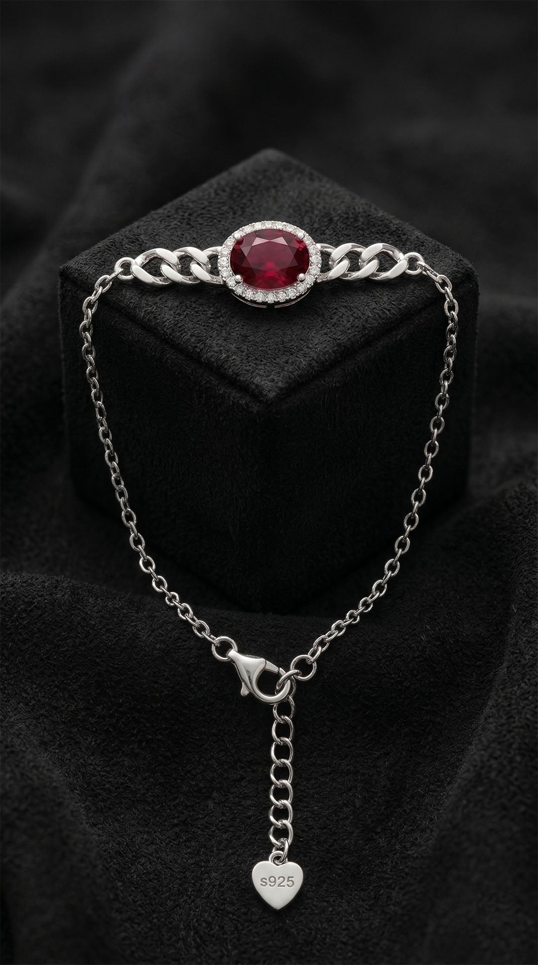 Garnet Gourmette Chain Detailed Bracelet Rhodium Plated Silver
