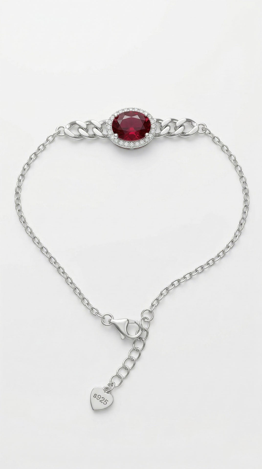 Garnet Gourmette Chain Detailed Bracelet Rhodium Plated Silver