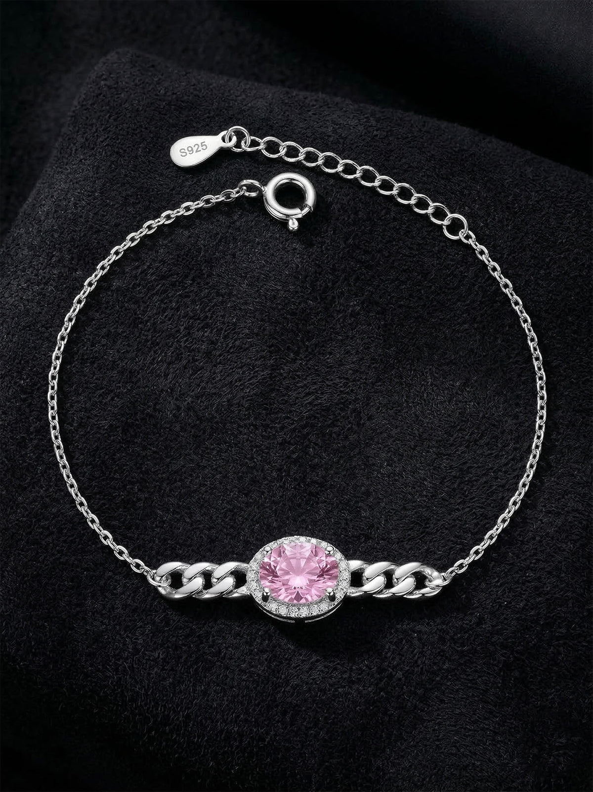 Pink Quartz Zircon Curb Chain Detail Bracelet in 925 sterling silver - view 3