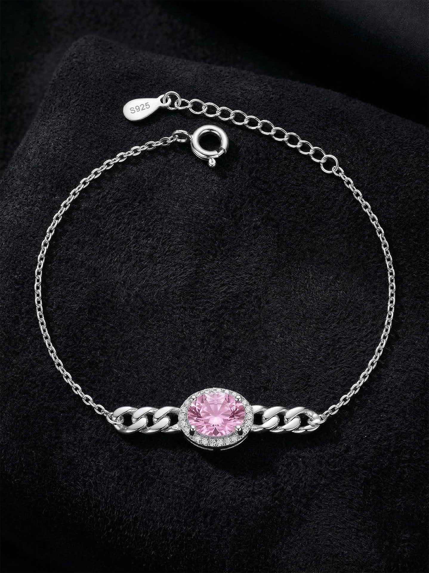 Rose Quartz Gourmette Chain Detailed Bracelet Rhodium Plated Silver