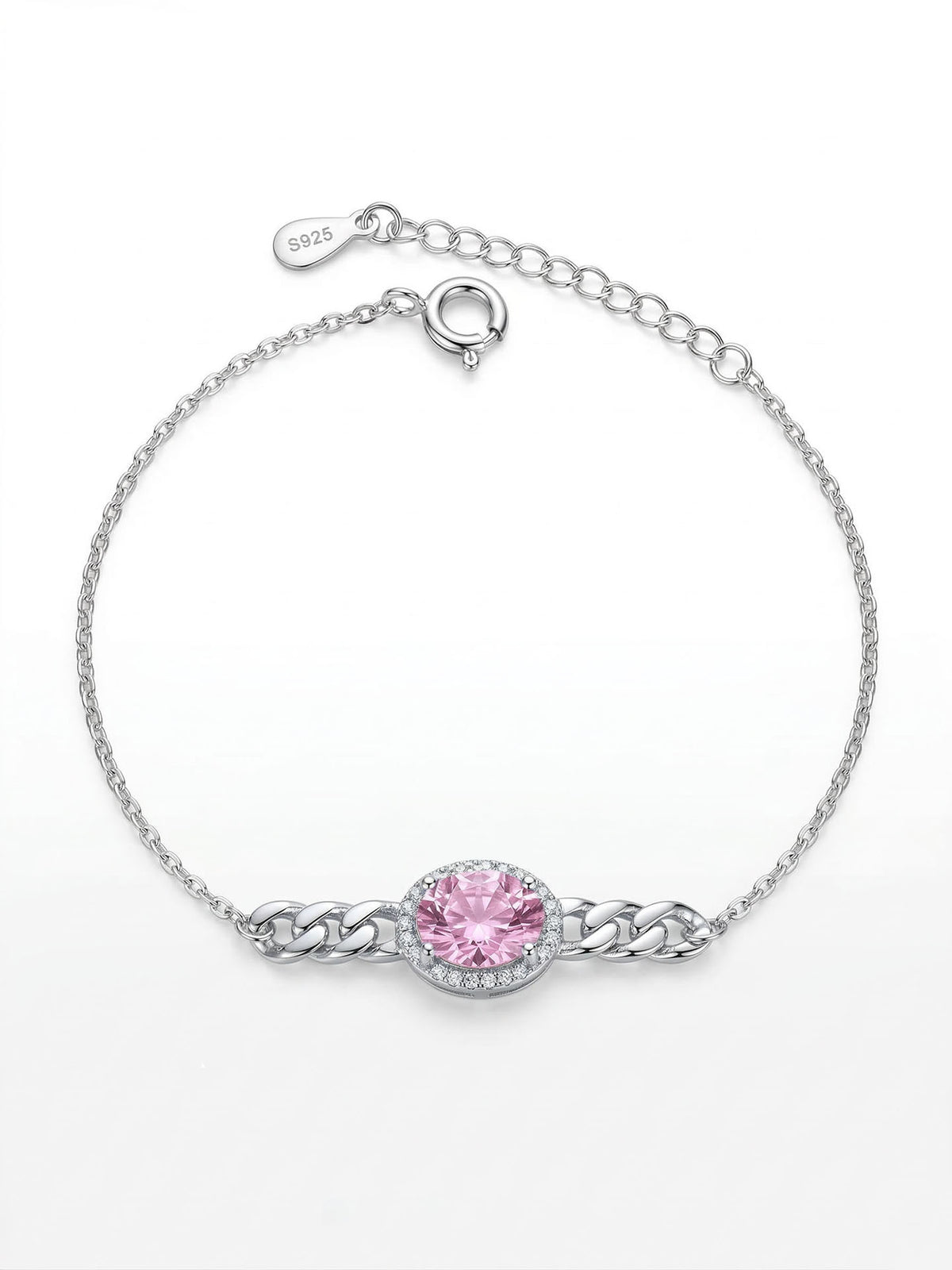 Pink Quartz Zircon Curb Chain Detail Bracelet in 925 sterling silver - view 5