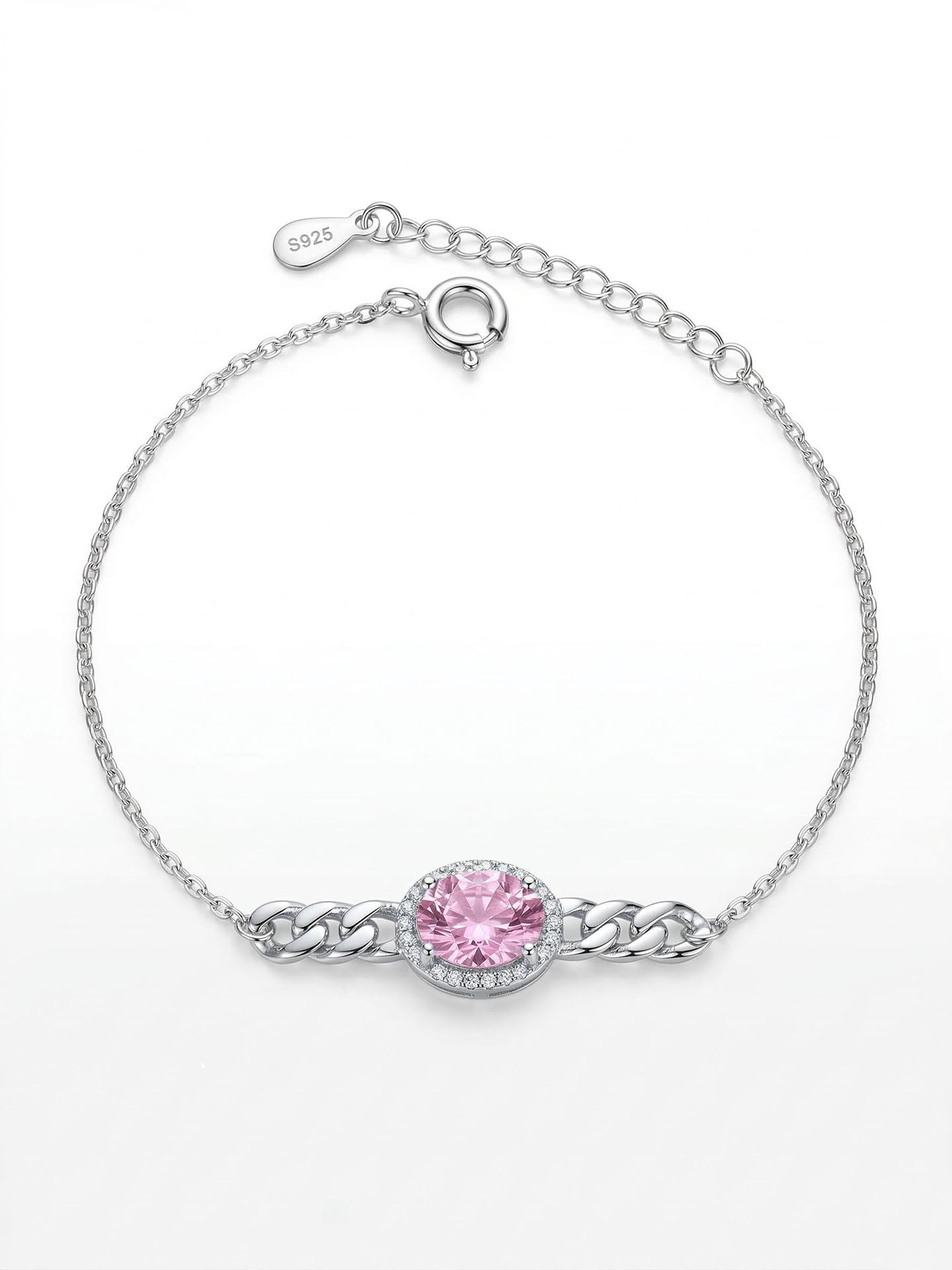 Rose Quartz Gourmette Chain Detailed Bracelet Rhodium Plated Silver