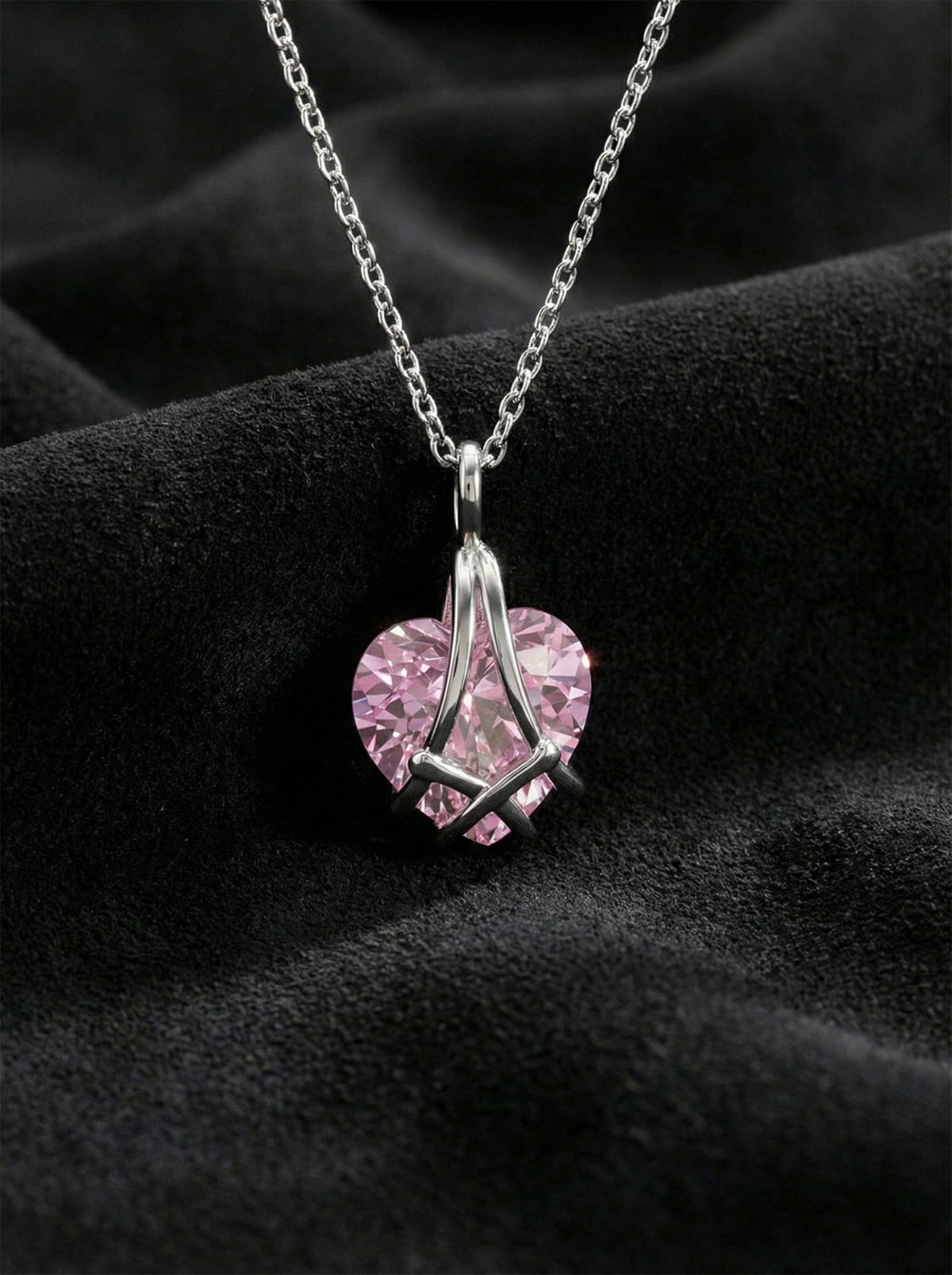 Pink Tourmaline Caged Heart Friendship Necklace in 925 sterling silver