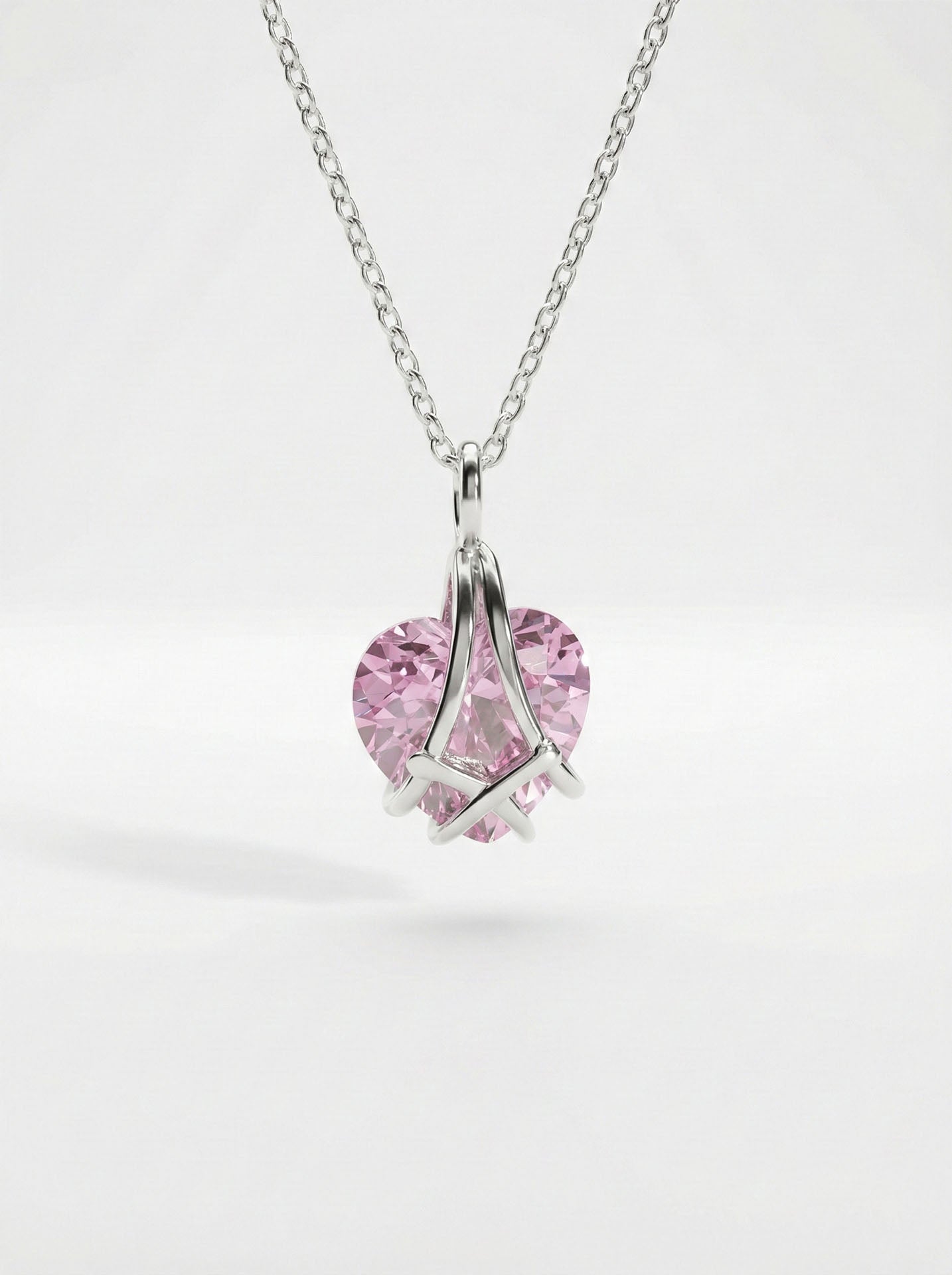 Rose Quartz Cage Heart Friendship Necklace Rhodium Plated Silver