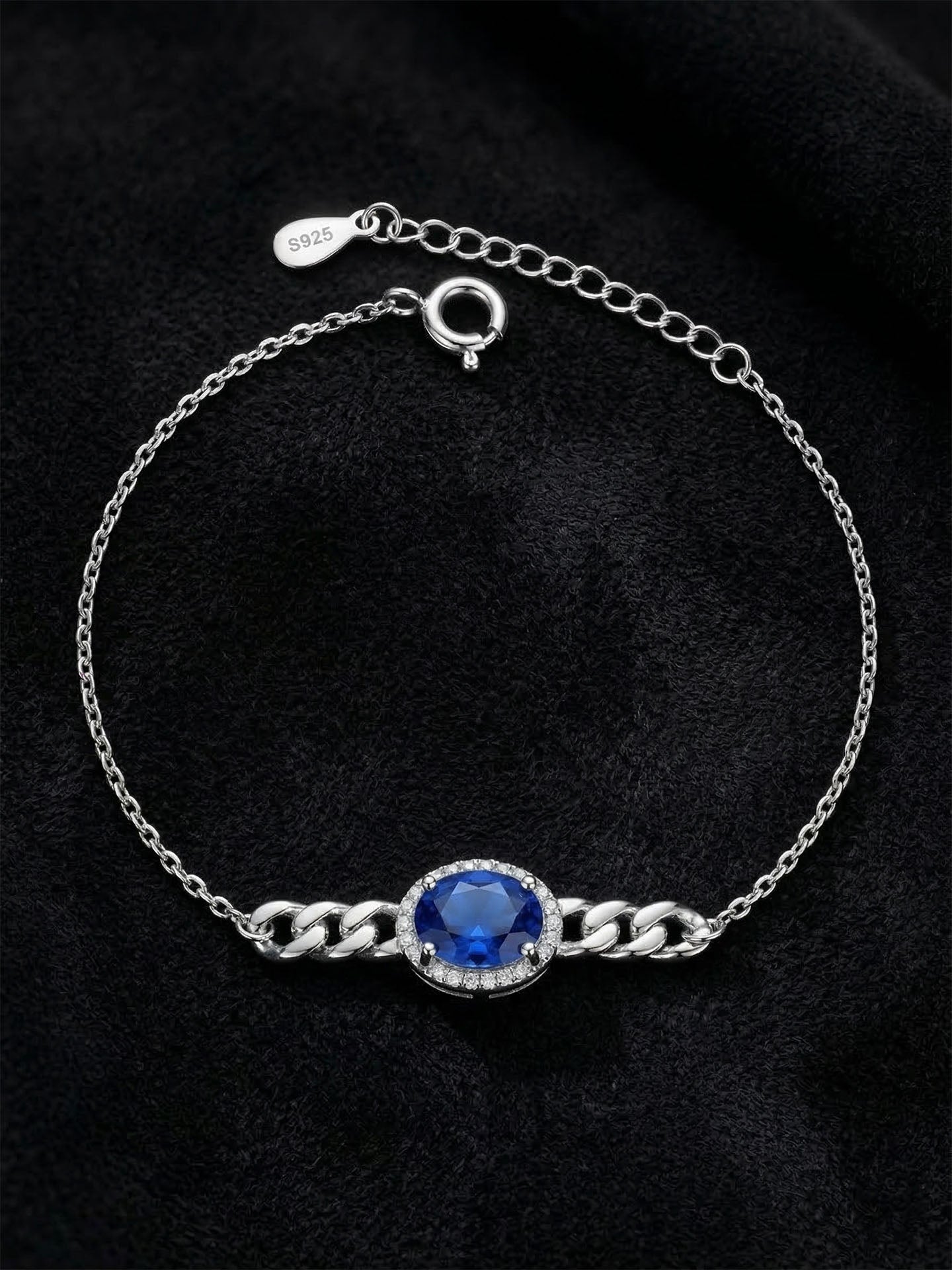 Sapphire Gourmette Chain Detailed Bracelet Rhodium Plated Silver