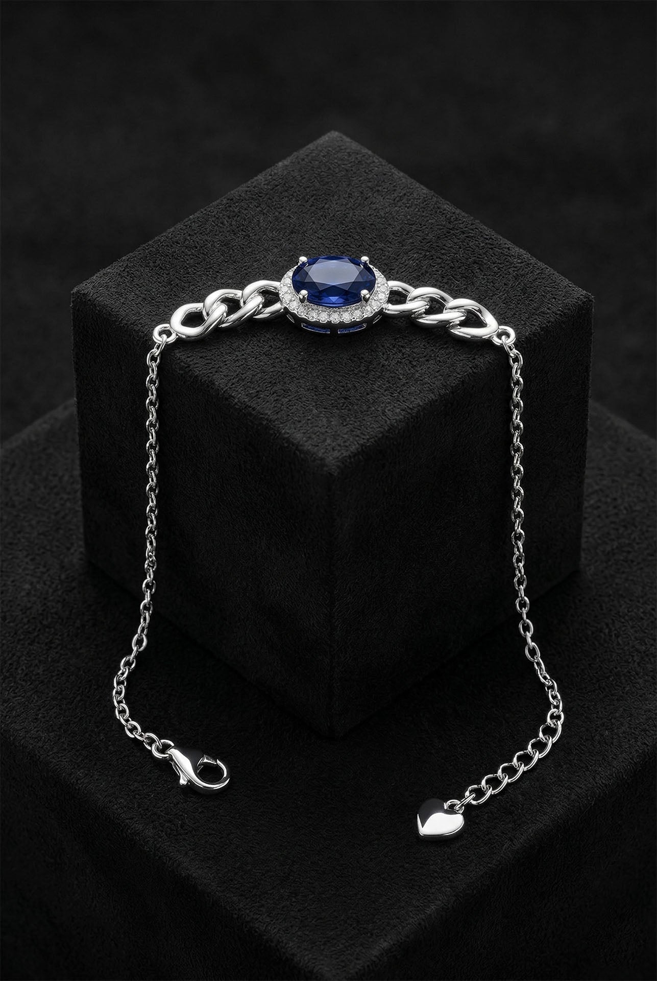Sapphire Gourmette Chain Detailed Bracelet Rhodium Plated Silver
