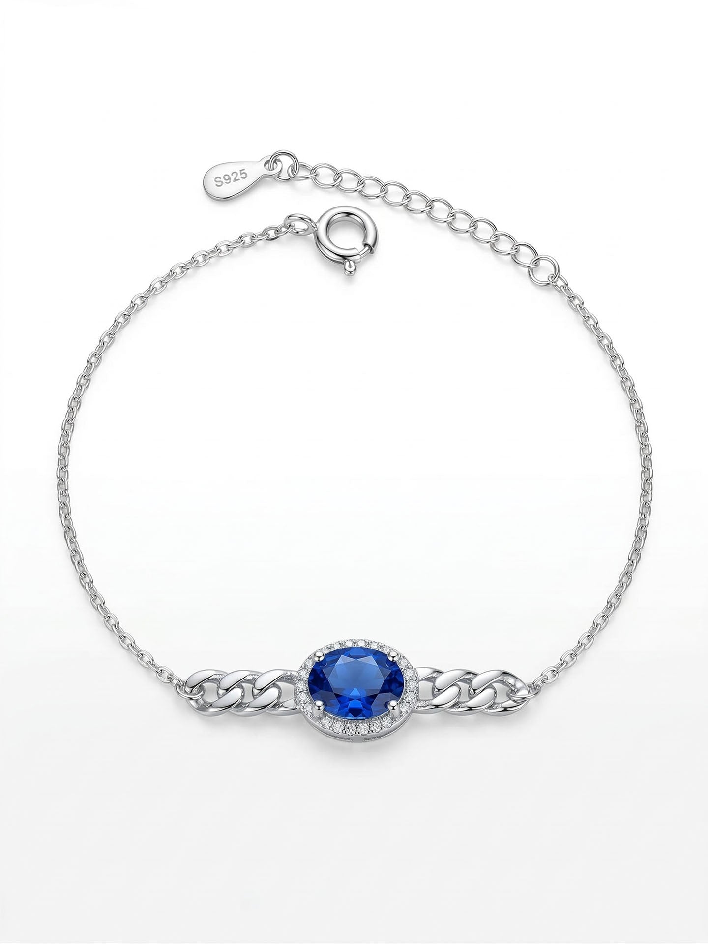 Sapphire Gourmette Chain Detailed Bracelet Rhodium Plated Silver