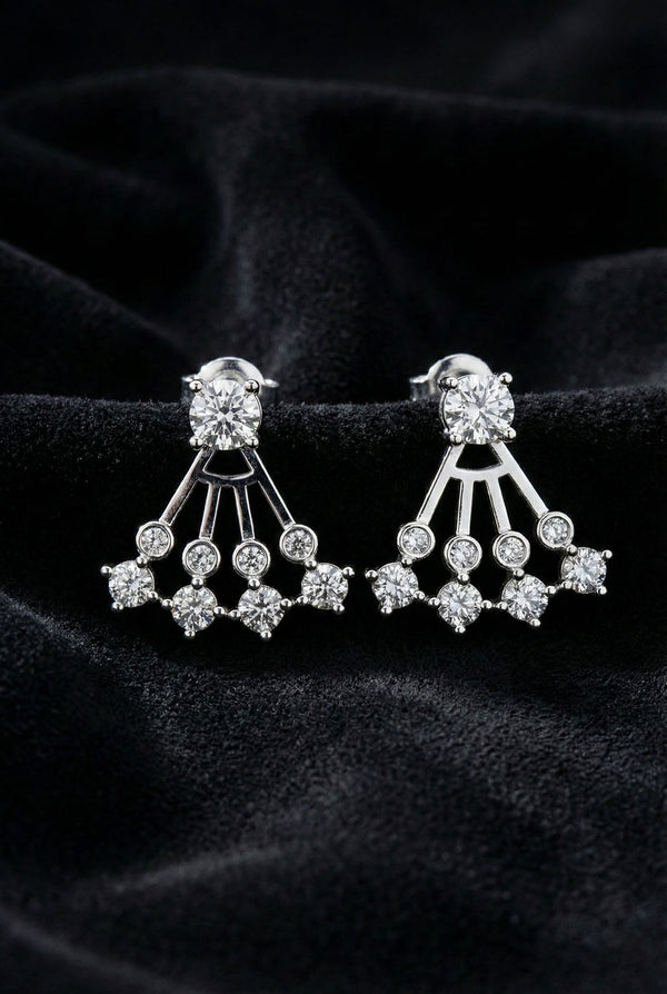 925 Ayar Gümüş Rodyum Renk Tektaş ve Yelpaze Kombinli İki Parçalı Ear Jacket Küpe