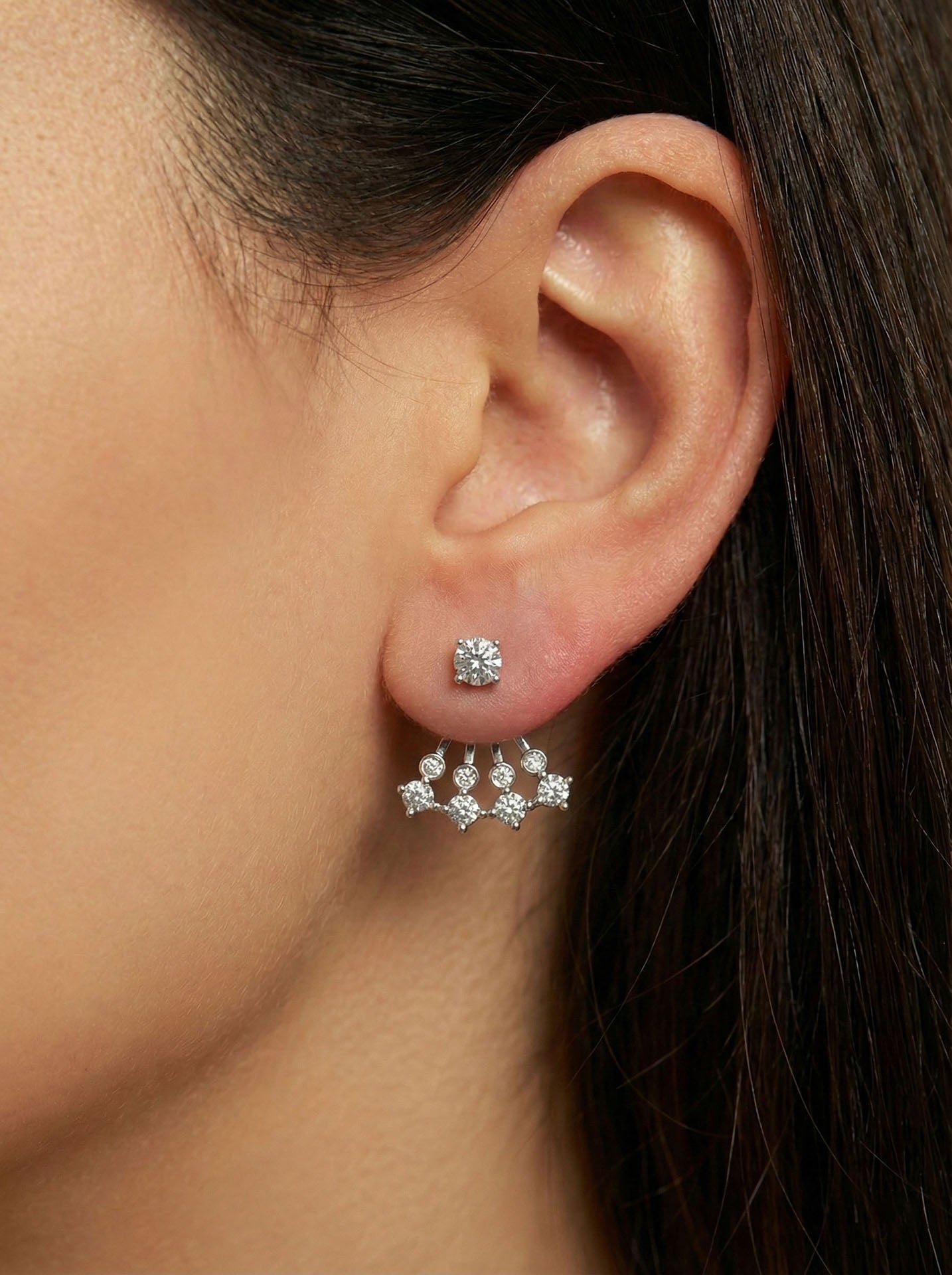 925 Sterling Silver Rhodium Plated Solitaire and Fan Combined Two-Piece Ear Jacket Earrings