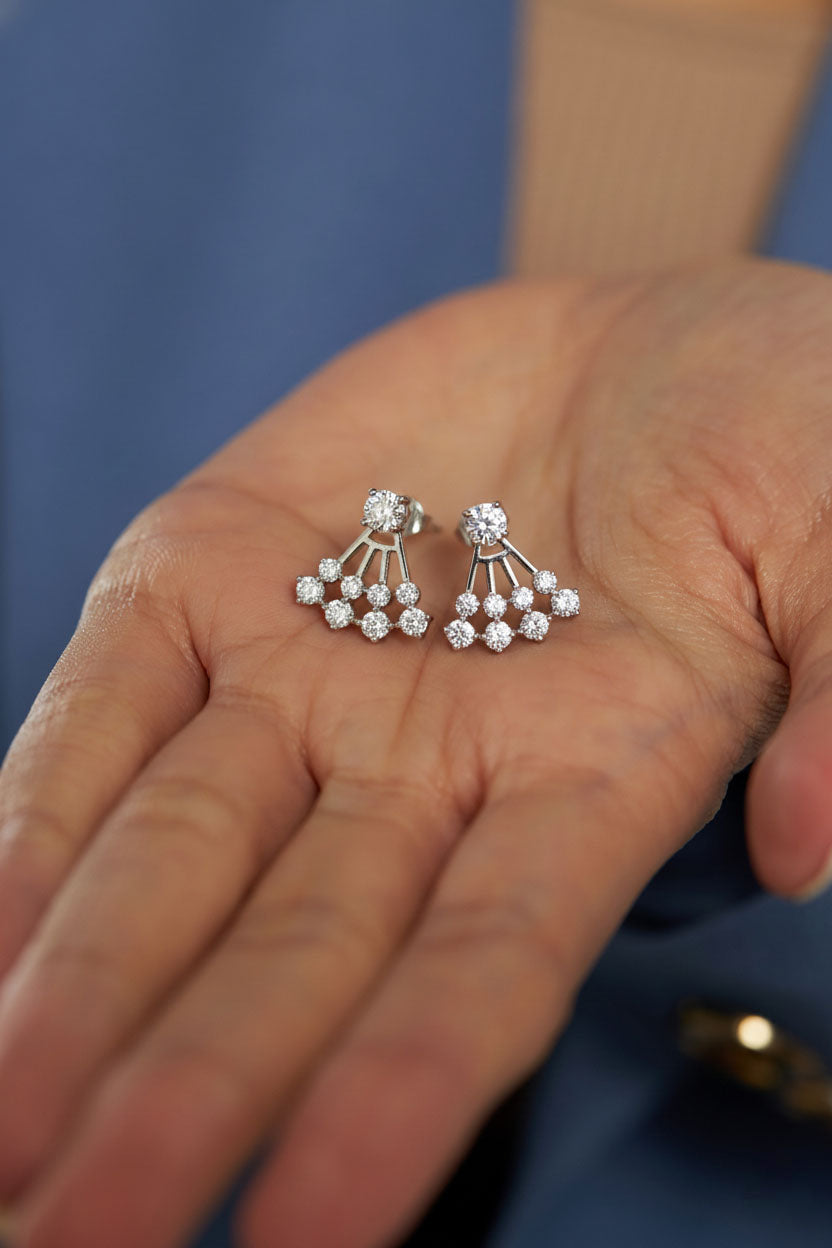 925 Sterling Silver Rhodium Plated Solitaire and Fan Combined Two-Piece Ear Jacket Earrings