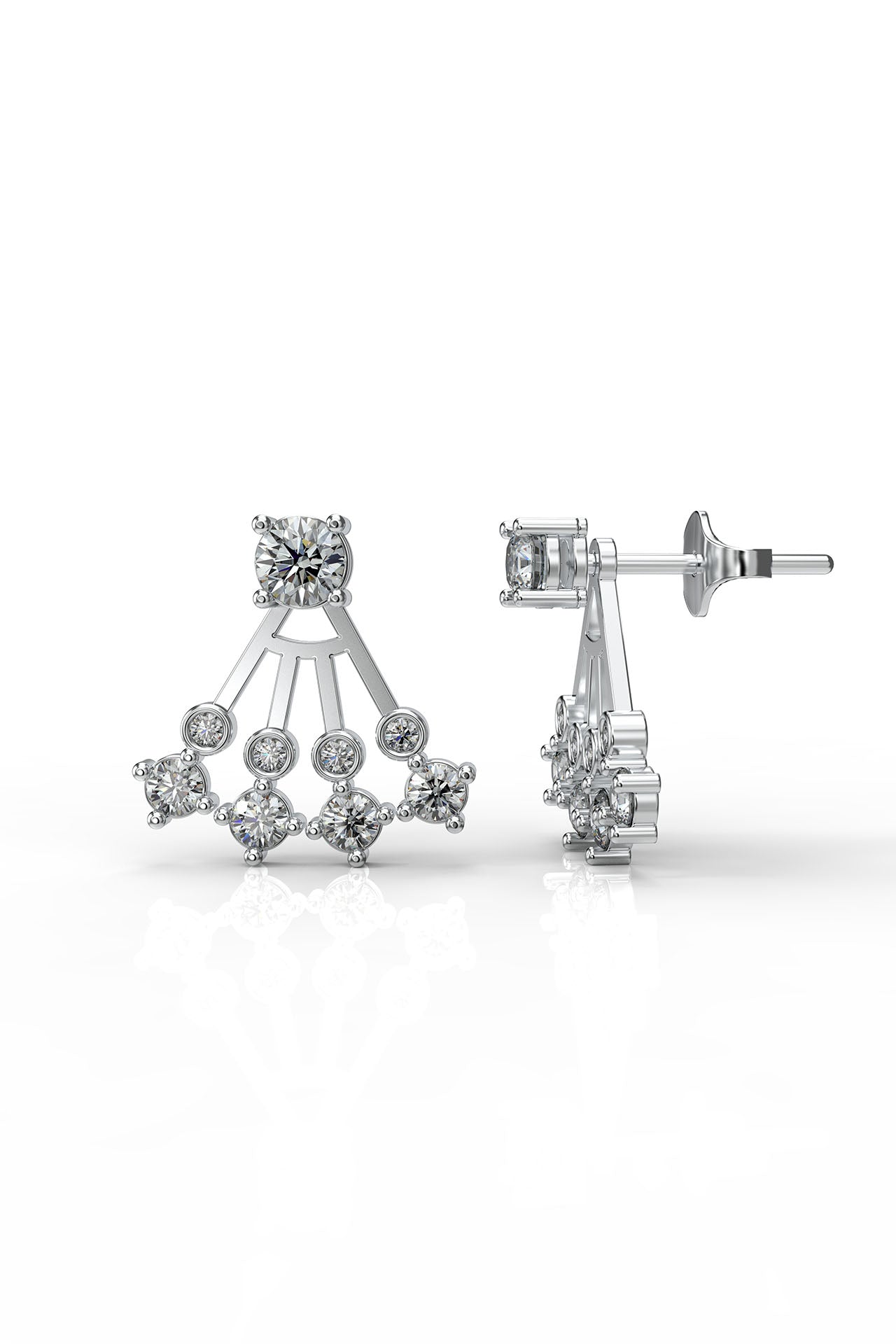 925 Sterling Silver Rhodium Plated Solitaire and Fan Combined Two-Piece Ear Jacket Earrings