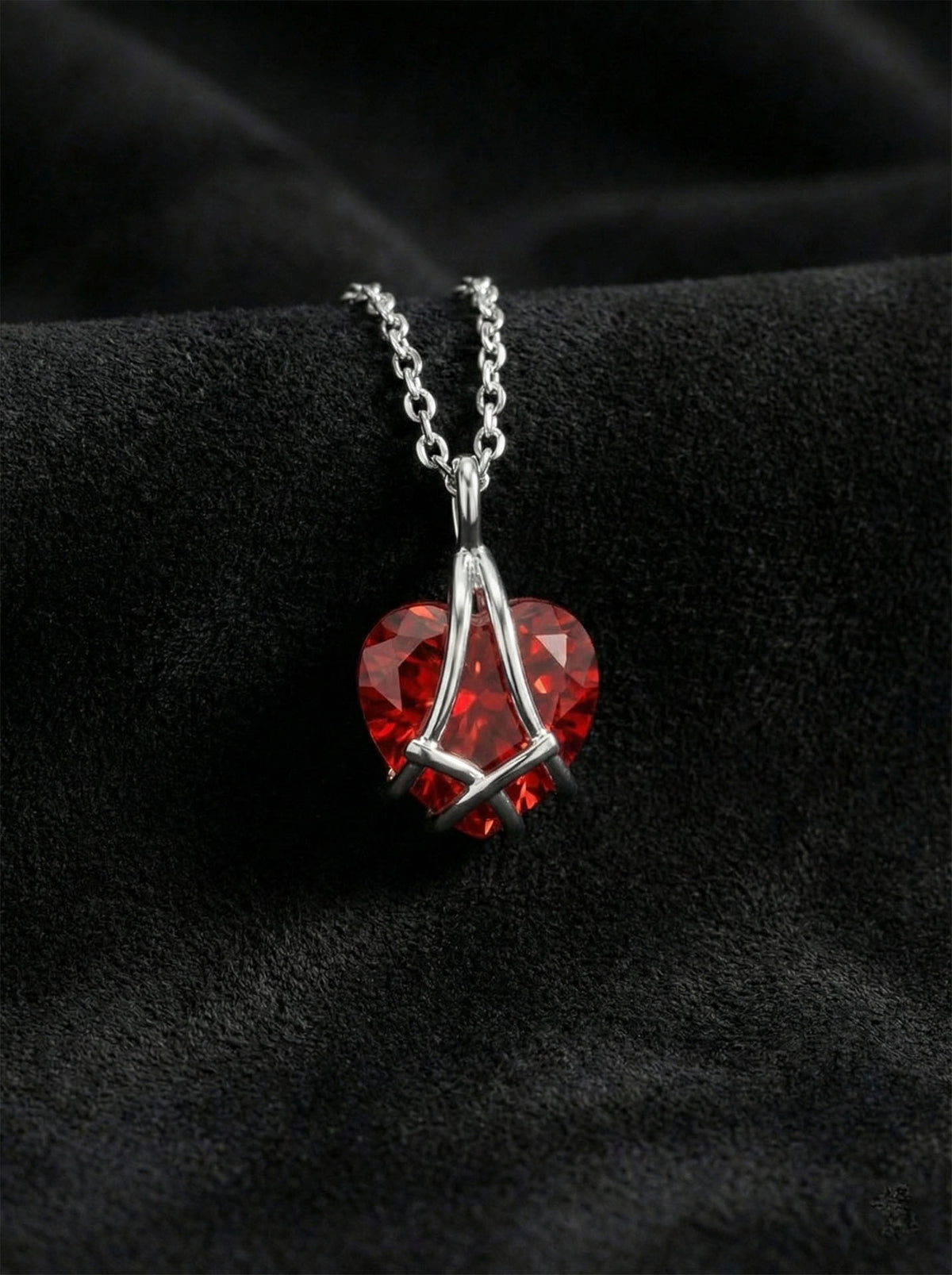 Rhodium Ruby Caged Heart Friendship Necklace in 925 sterling silver
