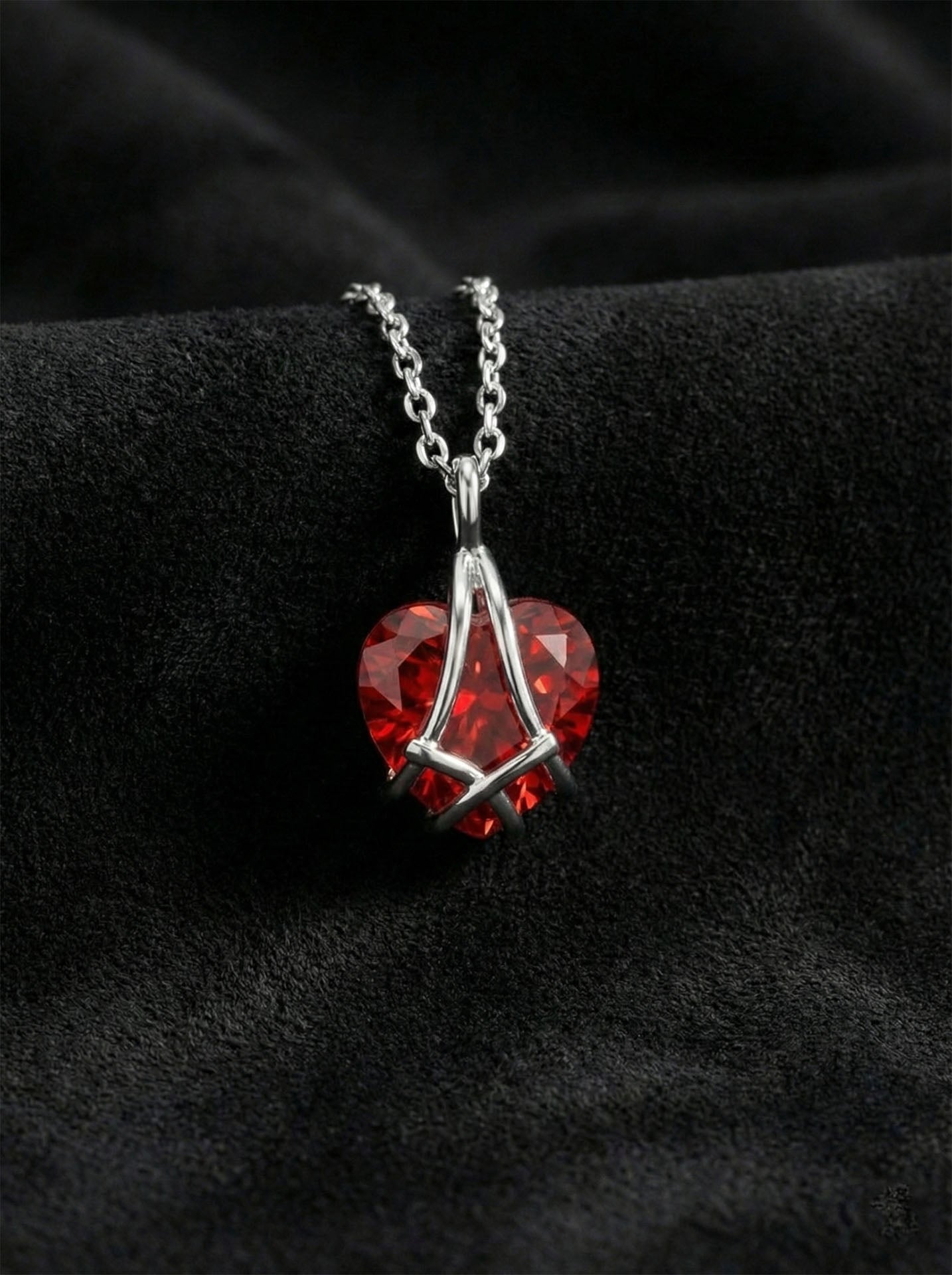 925 Sterling Silver Rhodium Plated Ruby Cage Heart Friendship Necklace