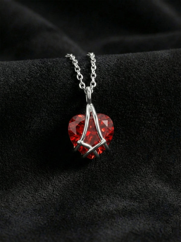 925 Sterling Silver Rhodium Plated Ruby Cage Heart Friendship Necklace