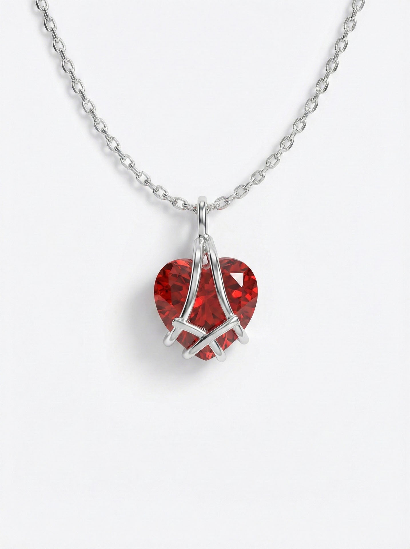 Ruby Cage Heart Friendship Necklace Rhodium Plated Silver