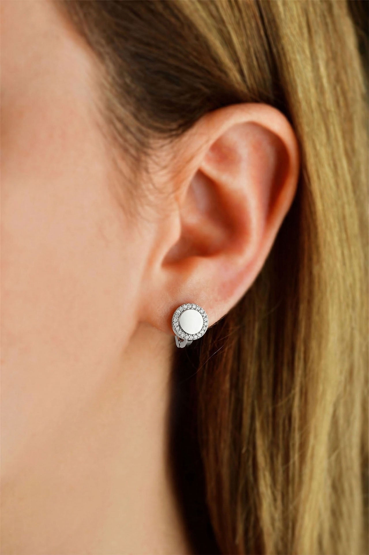 CZ Framed Customizable Round Clip-On Earrings Rhodium Plated Silver