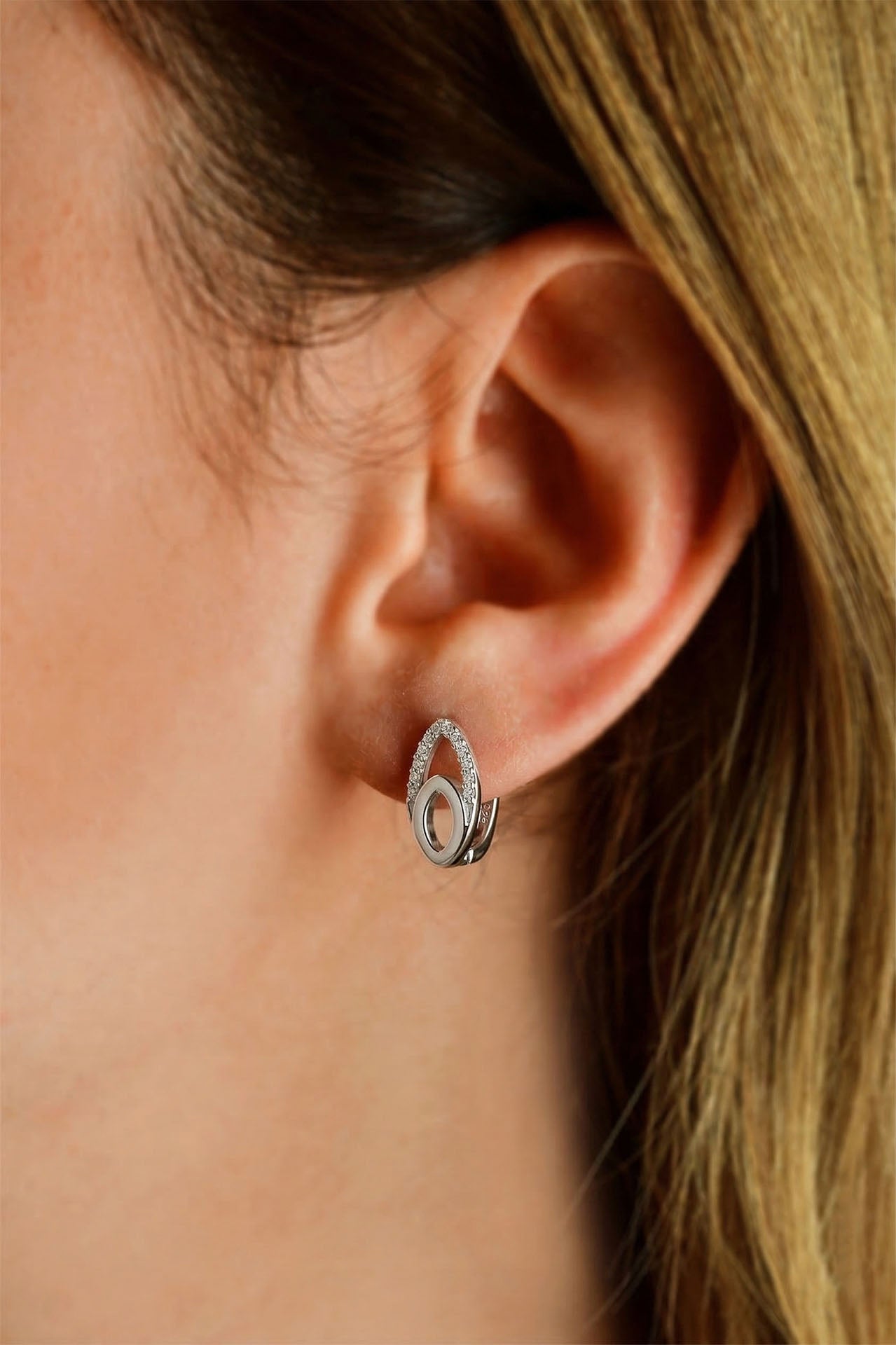 CZ Geometric Elliptical Everyday Clip-On Earrings Rhodium Plated Silver