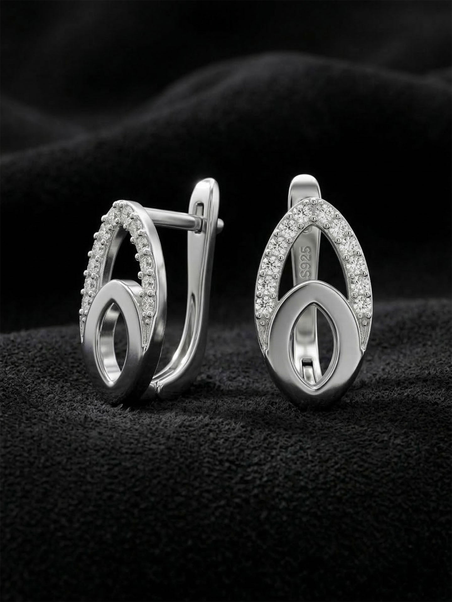CZ Geometric Elliptical Everyday Clip-On Earrings Rhodium Plated Silver