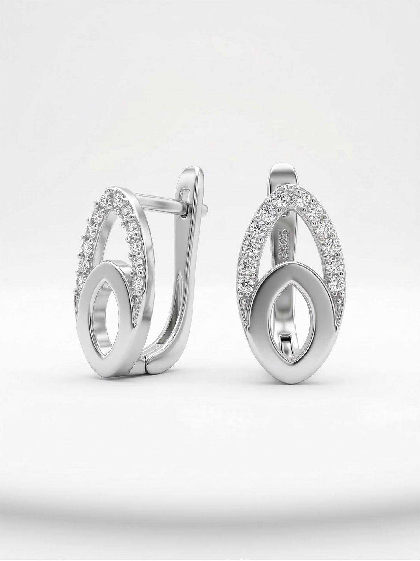 CZ Geometric Elliptical Everyday Clip-On Earrings Rhodium Plated Silver