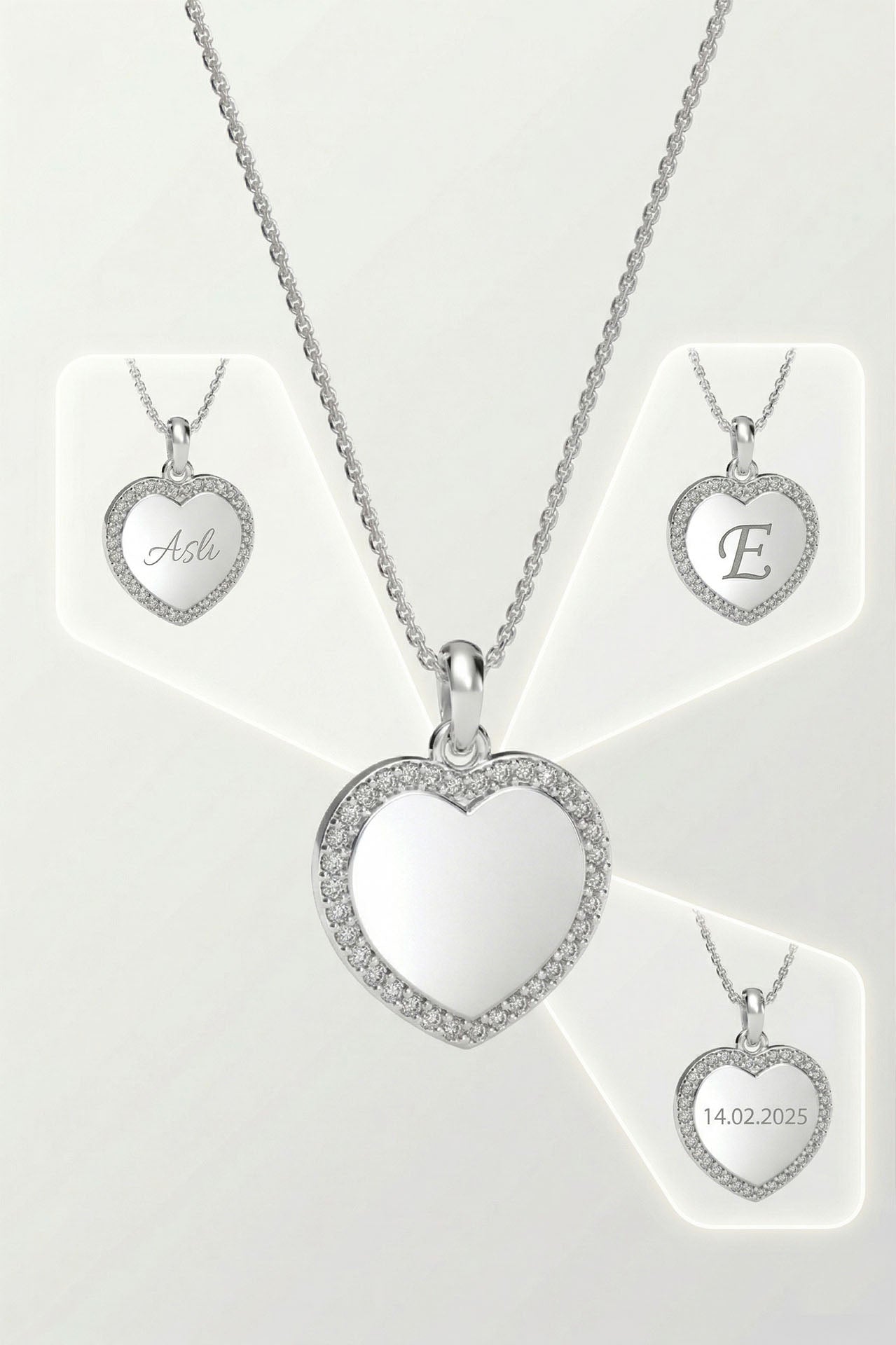 CZ Personalized Heart Customizable Necklace Rhodium Plated Silver