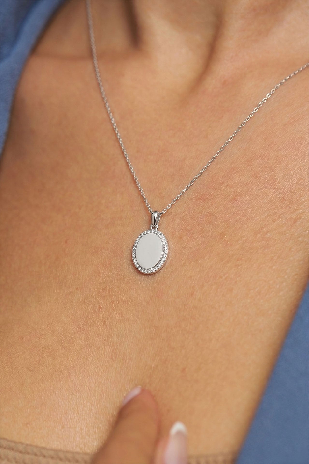 CZ Personalized Oval Customizable Necklace Rhodium Plated Silver