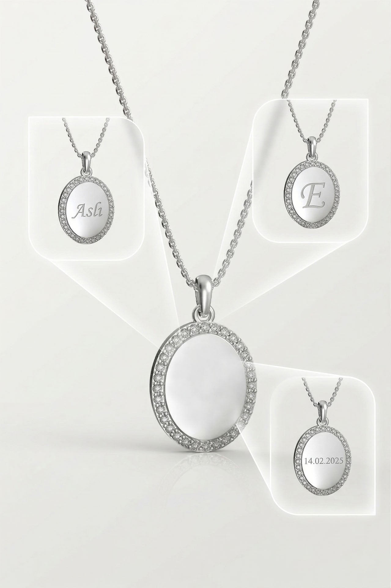 CZ Personalized Oval Customizable Necklace Rhodium Plated Silver