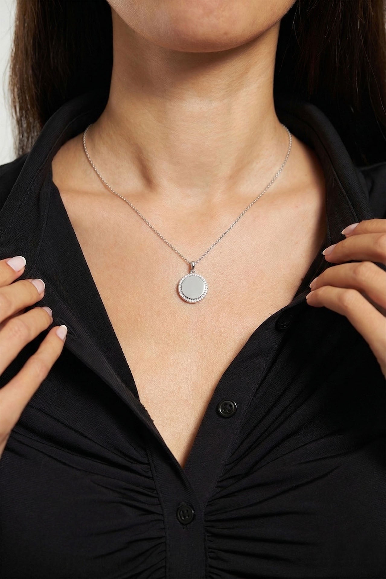 CZ Personalized Round Customizable Necklace Rhodium Plated Silver