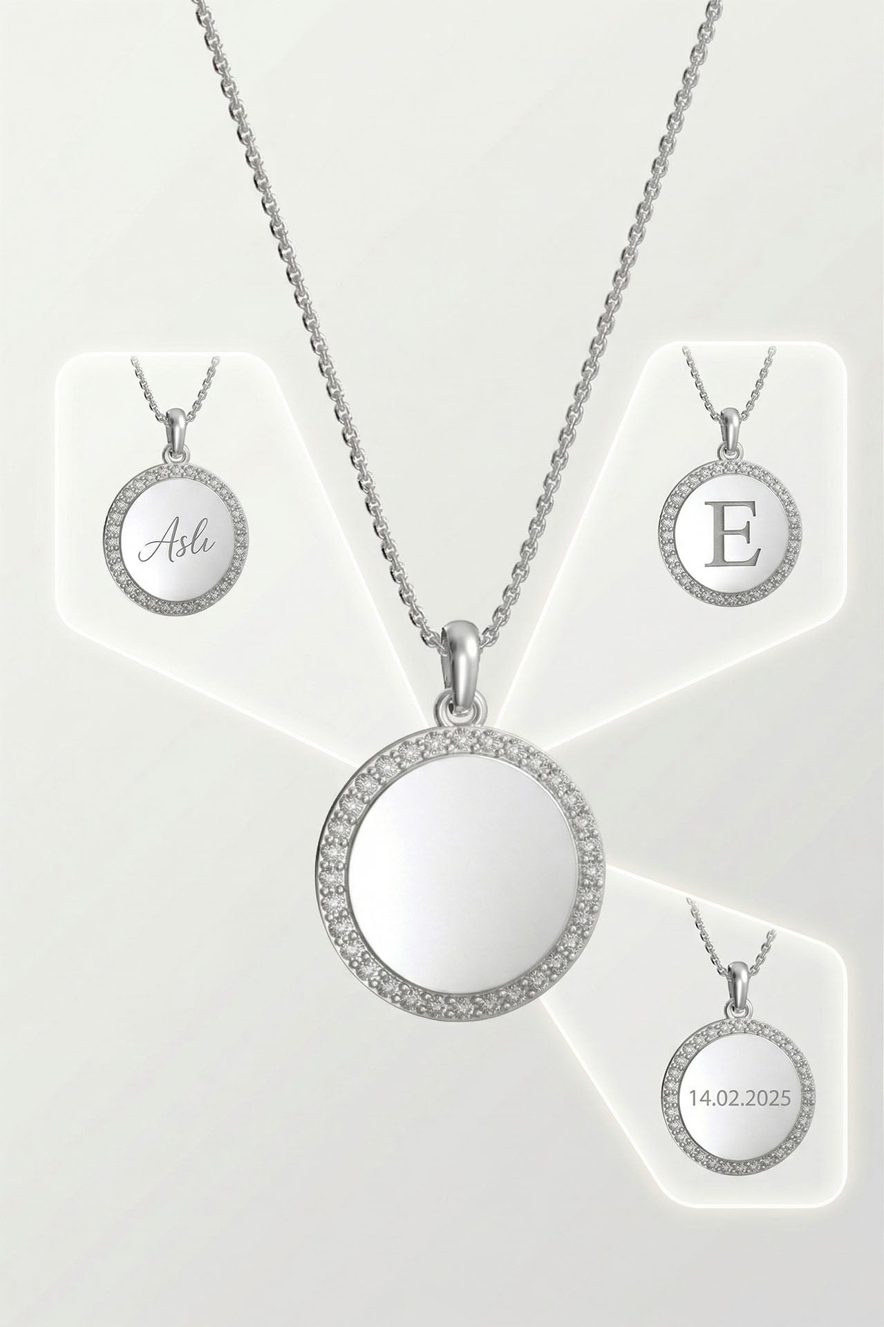 CZ Personalized Round Customizable Necklace Rhodium Plated Silver
