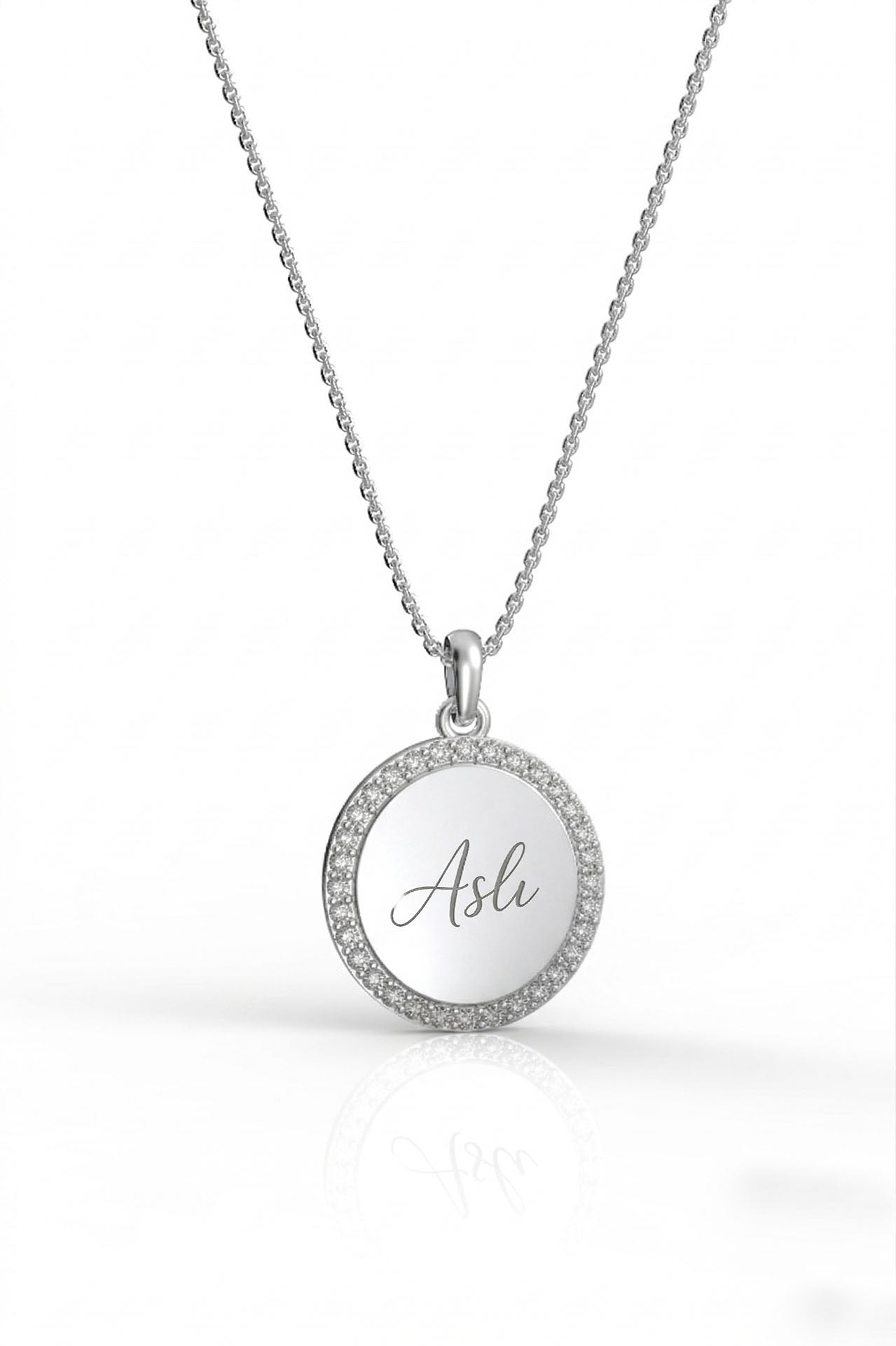 CZ Personalized Round Customizable Necklace Rhodium Plated Silver