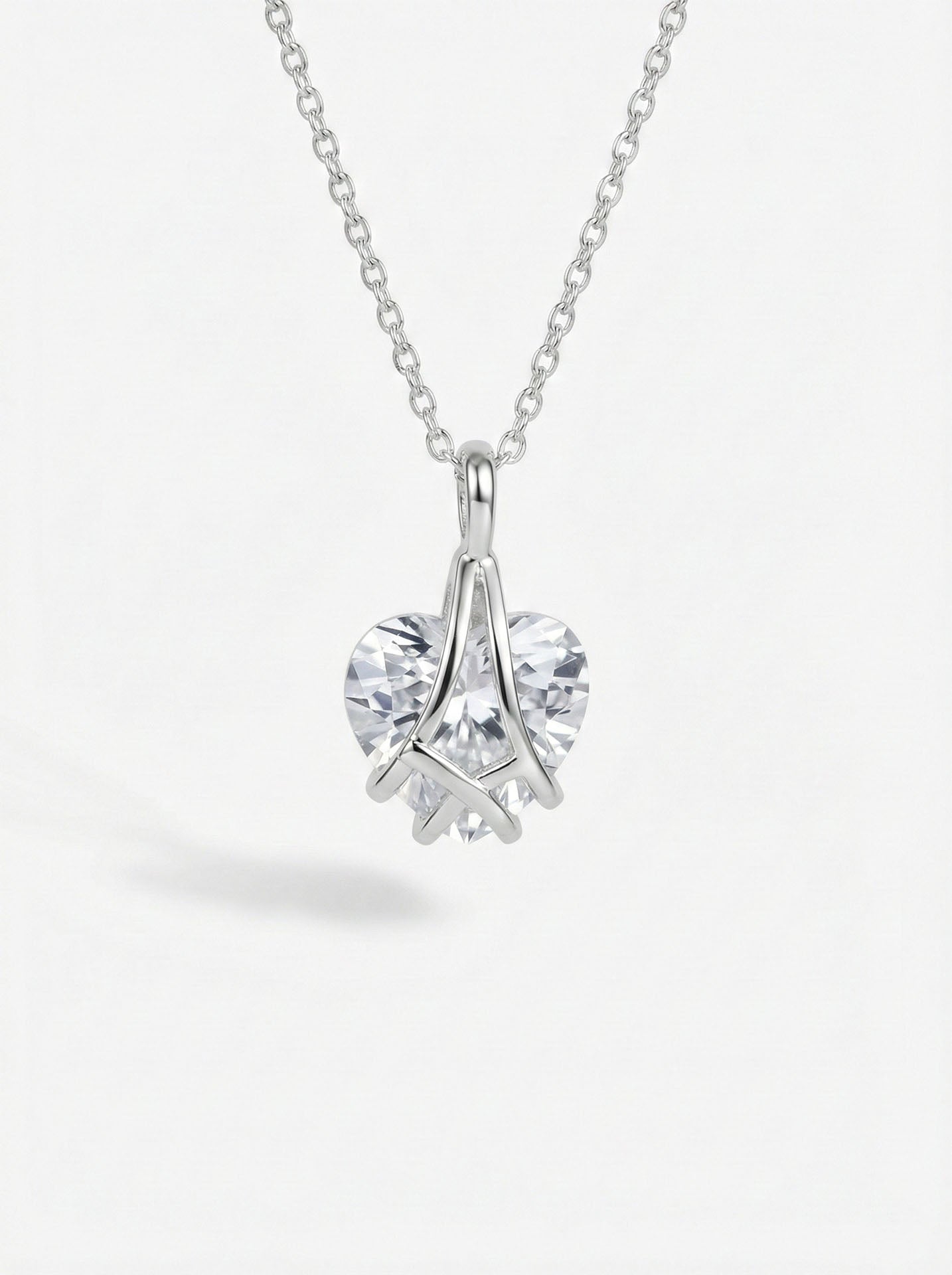 CZ Cage Heart Friendship Necklace Rhodium Plated Silver