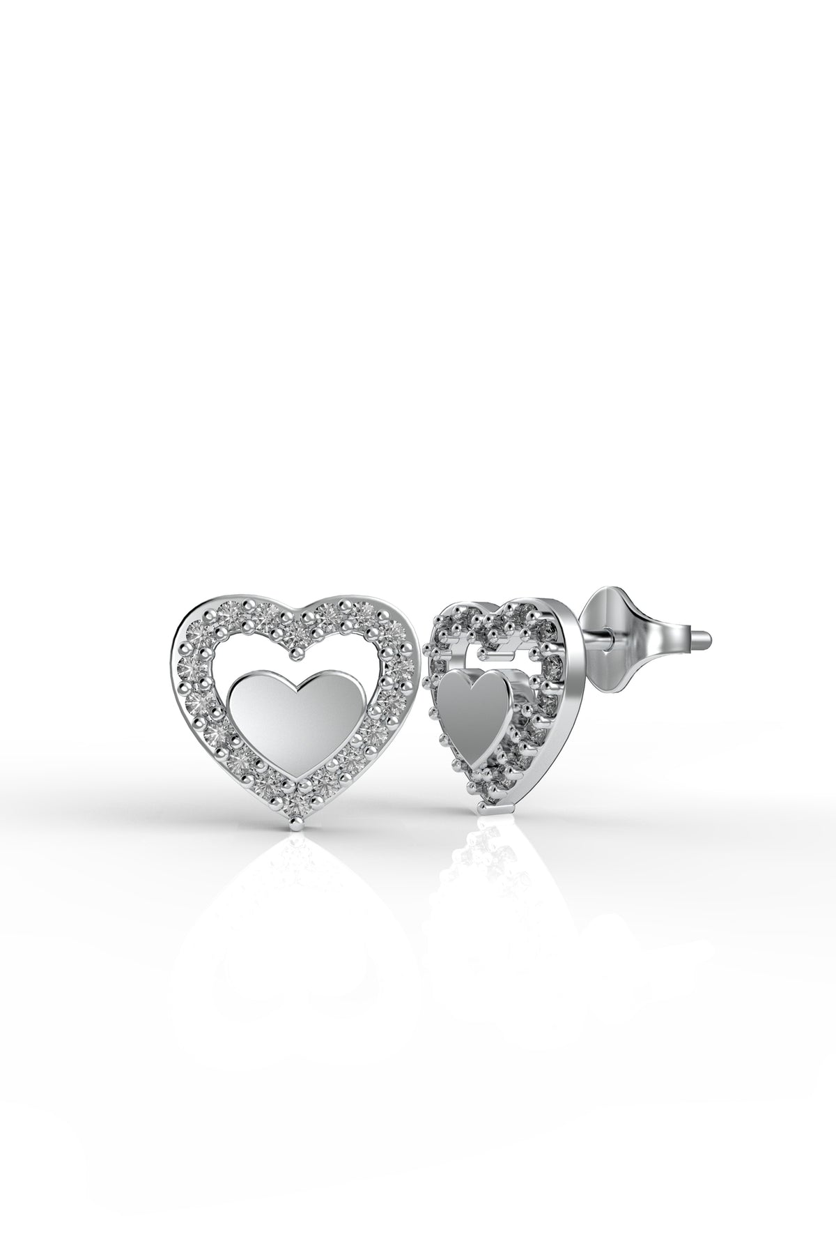 Rhodium Double Heart Zircon Stud Earrings in 925 sterling silver - view 3
